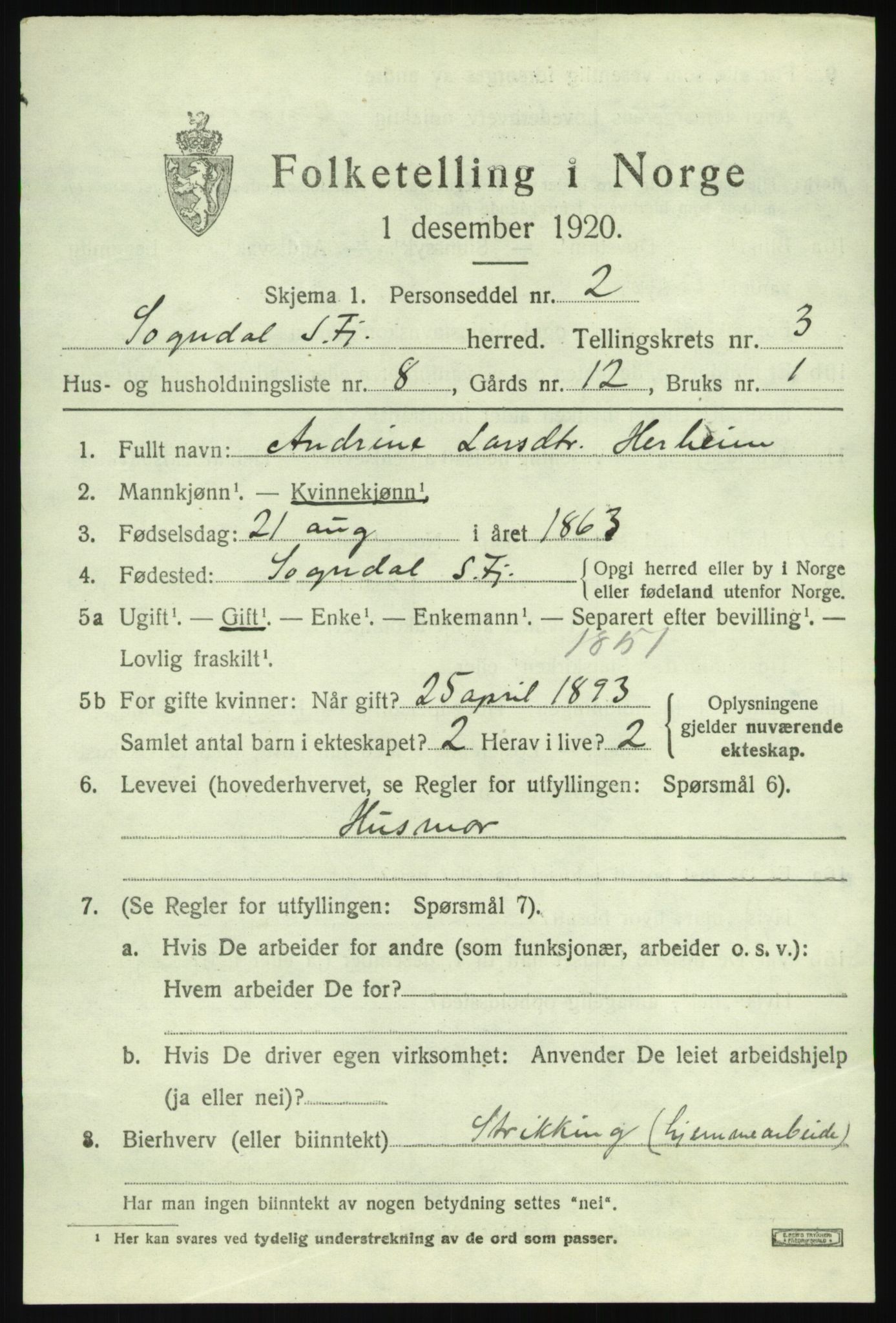 SAB, 1920 census for Sogndal, 1920, p. 2195