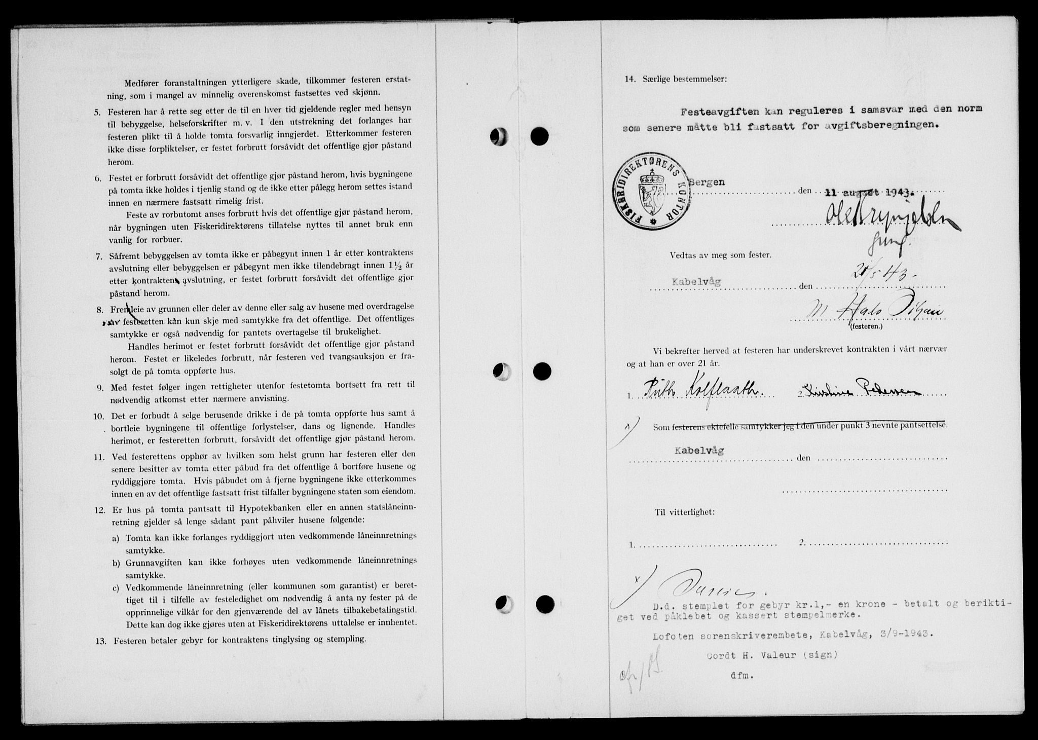 Lofoten sorenskriveri, AV/SAT-A-0017/1/2/2C/L0011a: Mortgage book no. 11a, 1943-1943, Diary no: : 1066/1943