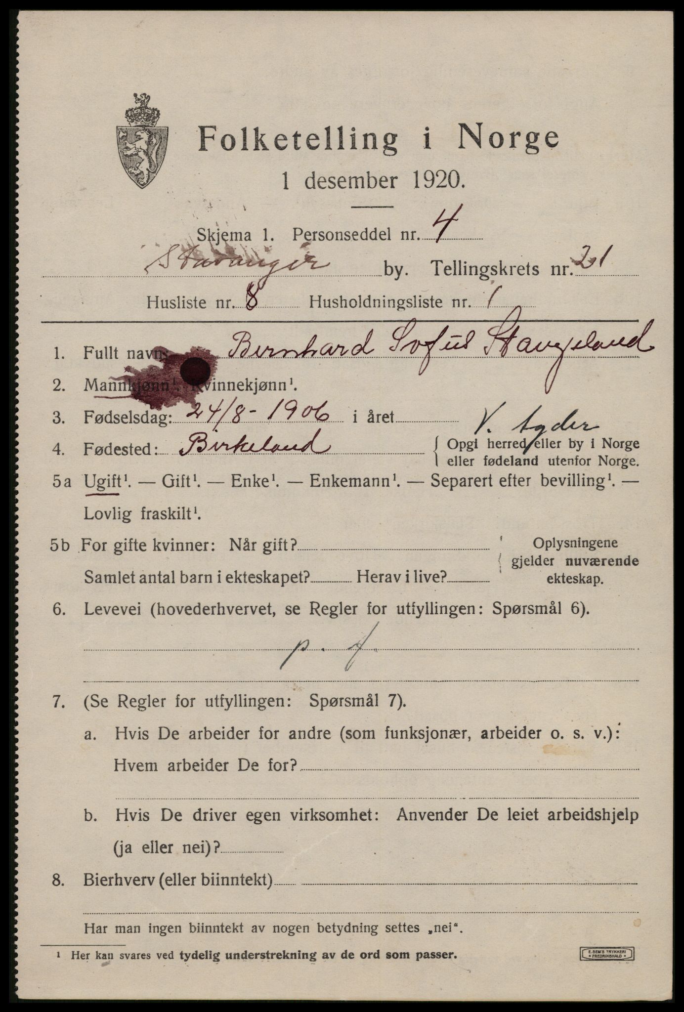 SAST, 1920 census for Stavanger, 1920, p. 72110