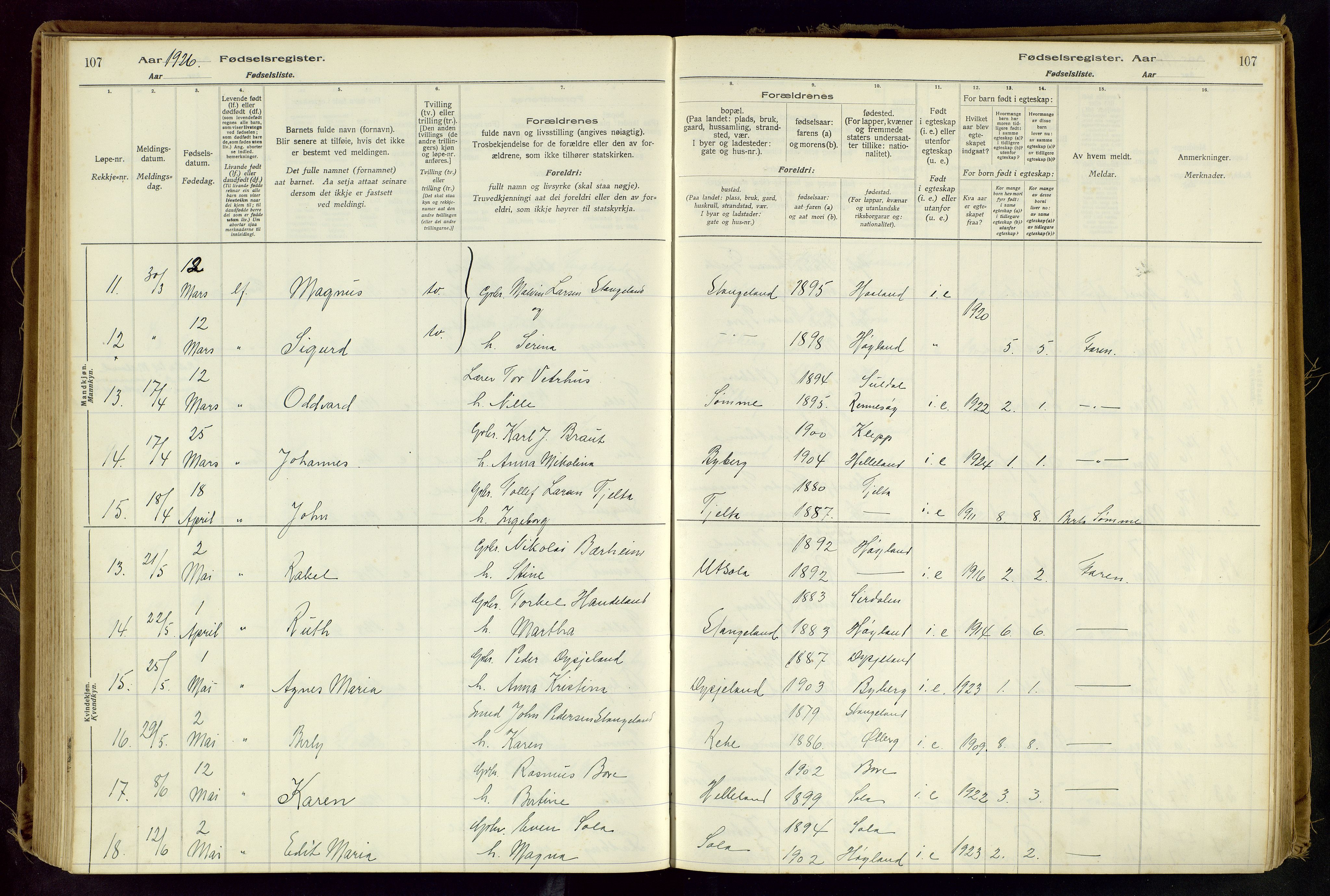 Håland sokneprestkontor, AV/SAST-A-101802/001/704BA/L0001: Birth register no. 1, 1916-1936, p. 107