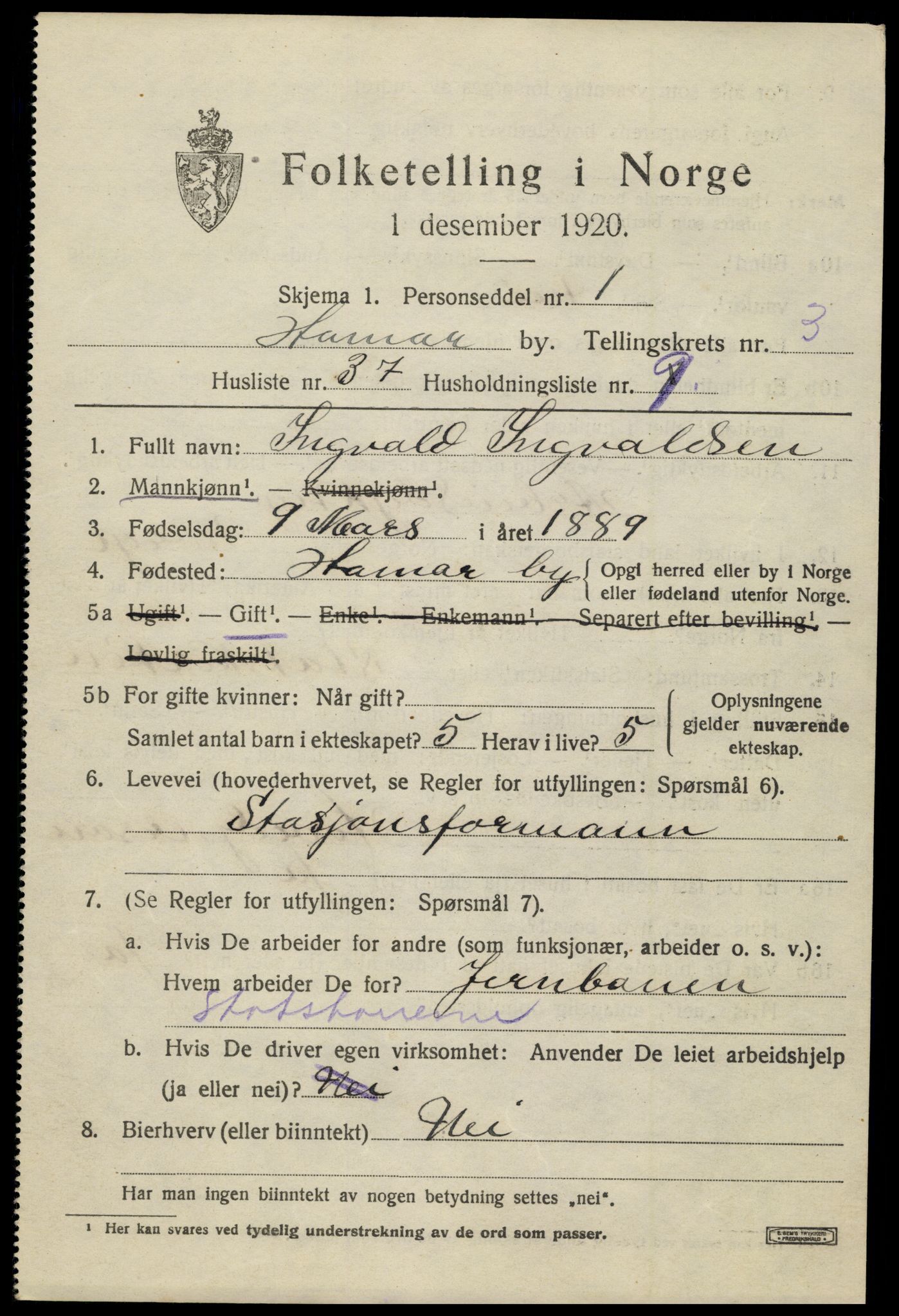 SAH, 1920 census for Hamar, 1920, p. 7781