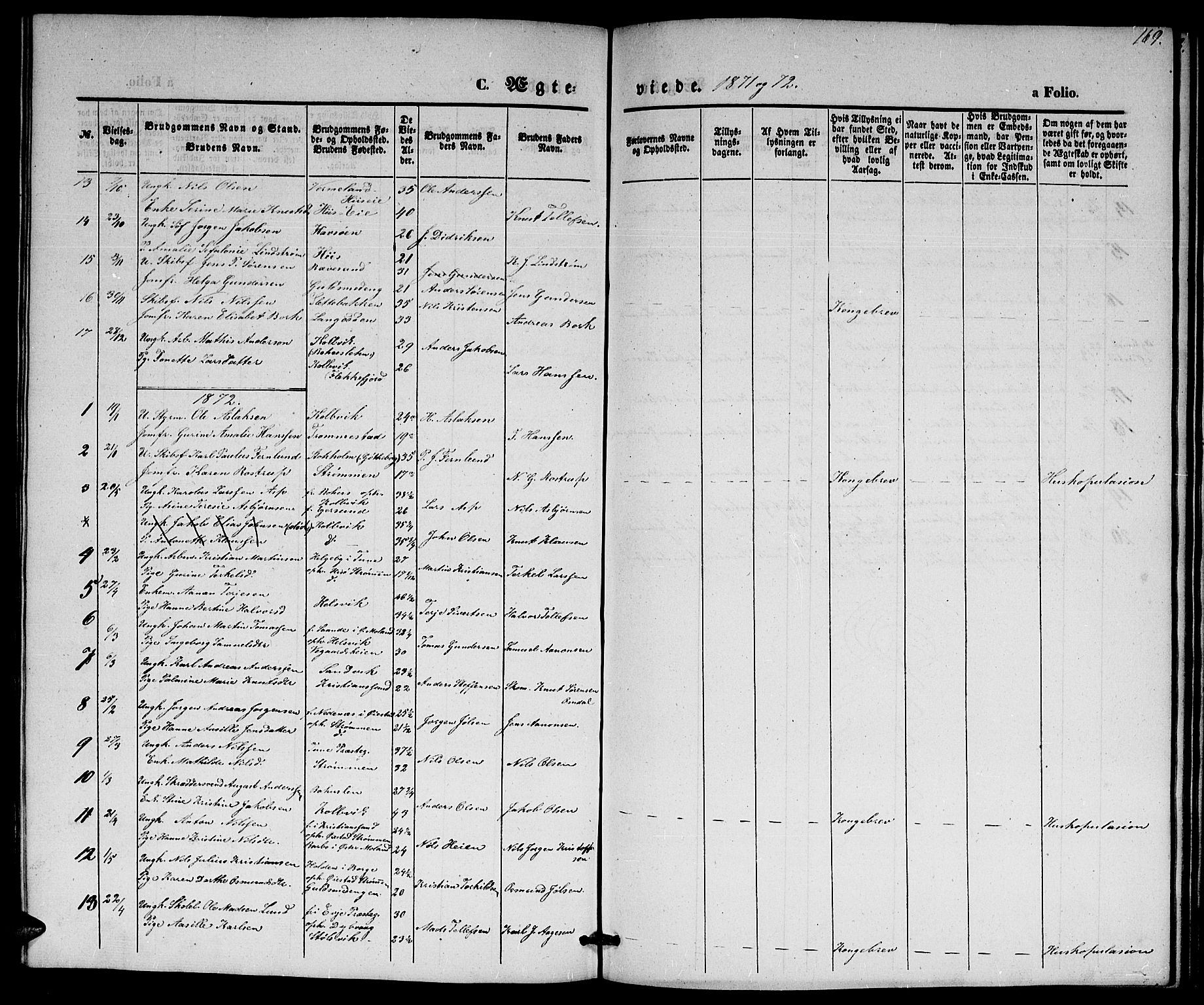 Hisøy sokneprestkontor, SAK/1111-0020/F/Fb/L0001: Parish register (copy) no. B 1, 1849-1872, p. 169