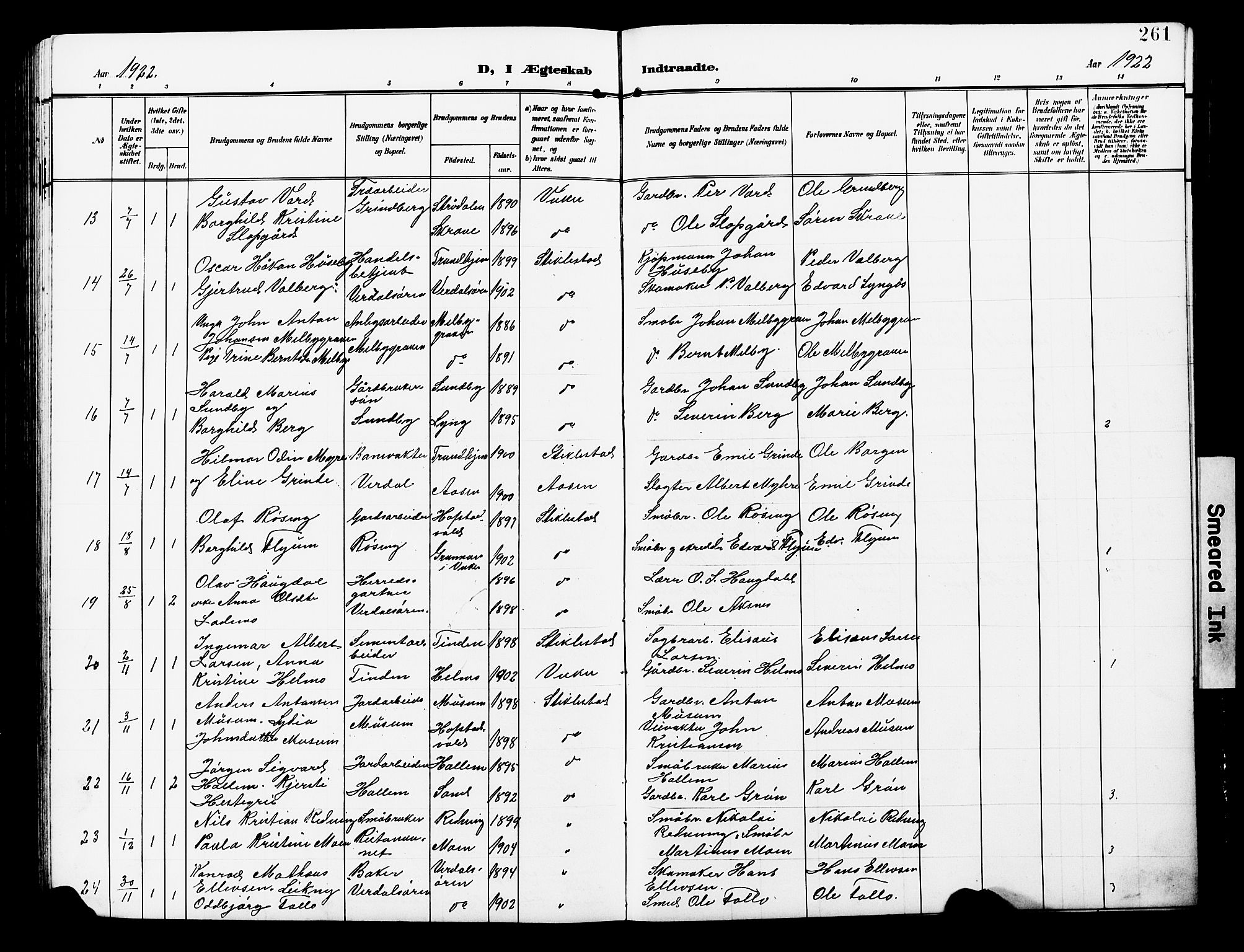 Ministerialprotokoller, klokkerbøker og fødselsregistre - Nord-Trøndelag, SAT/A-1458/723/L0258: Parish register (copy) no. 723C06, 1908-1927, p. 261