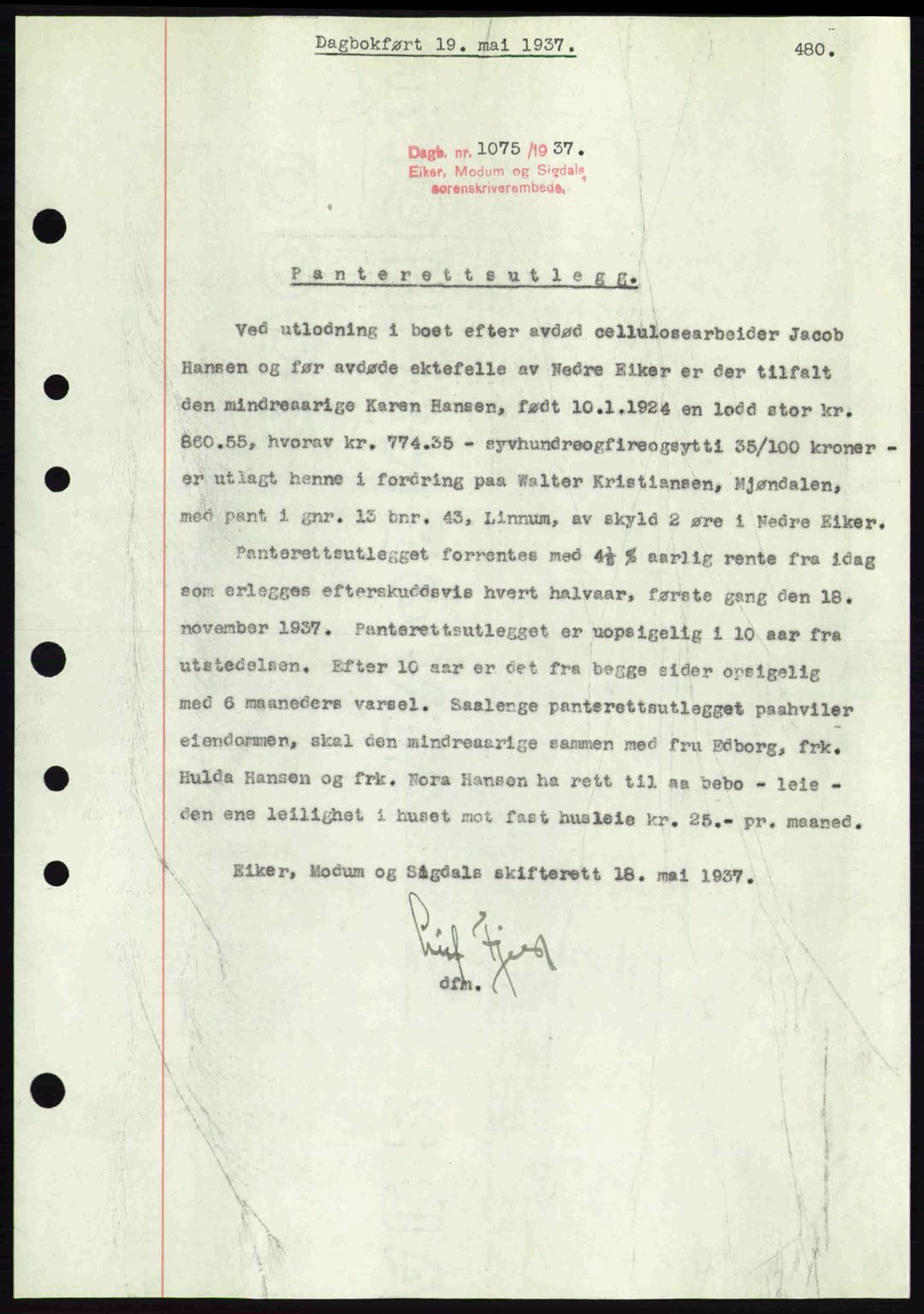 Eiker, Modum og Sigdal sorenskriveri, SAKO/A-123/G/Ga/Gab/L0035: Mortgage book no. A5, 1937-1937, Diary no: : 1075/1937