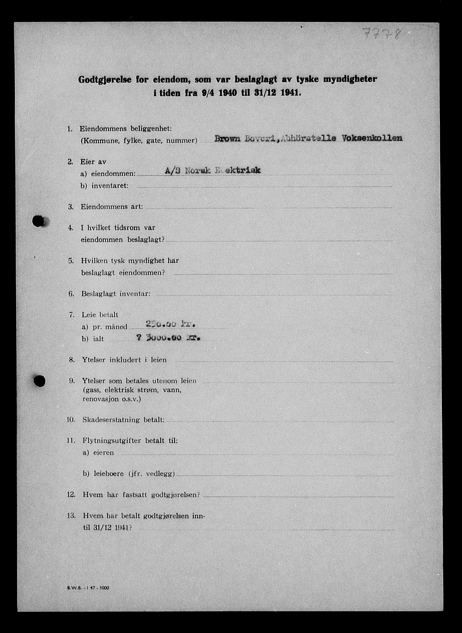 Justisdepartementet, Tilbakeføringskontoret for inndratte formuer, AV/RA-S-1564/I/L1011: Godtgjørelse for beslaglagt eiendom, 1940-1941, p. 310