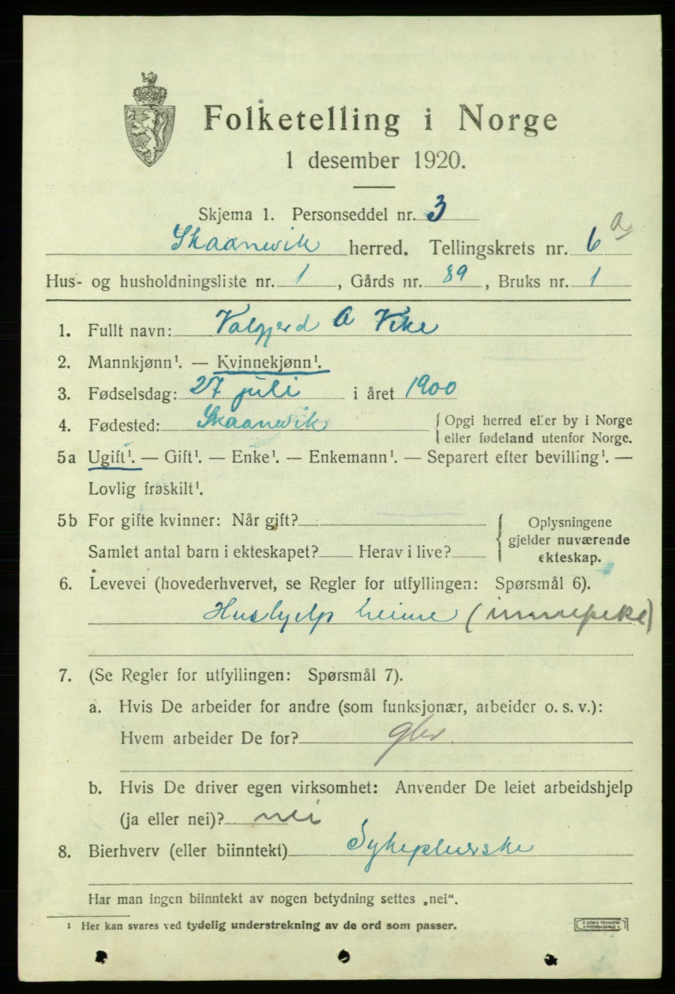 SAB, 1920 census for Skånevik, 1920, p. 4067