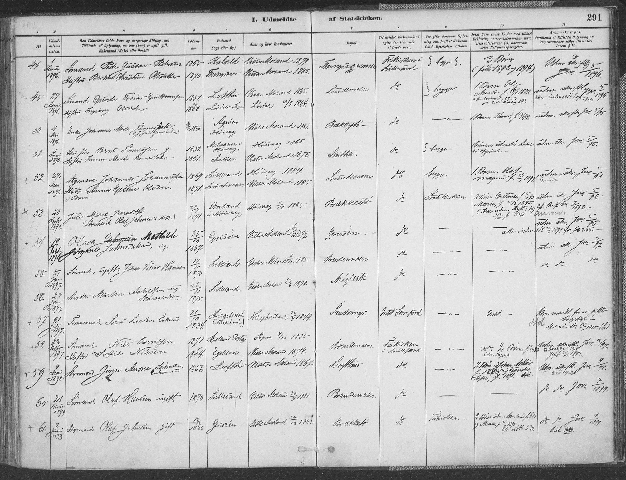 Vestre Moland sokneprestkontor, SAK/1111-0046/F/Fa/Fab/L0009: Parish register (official) no. A 9, 1884-1899, p. 291