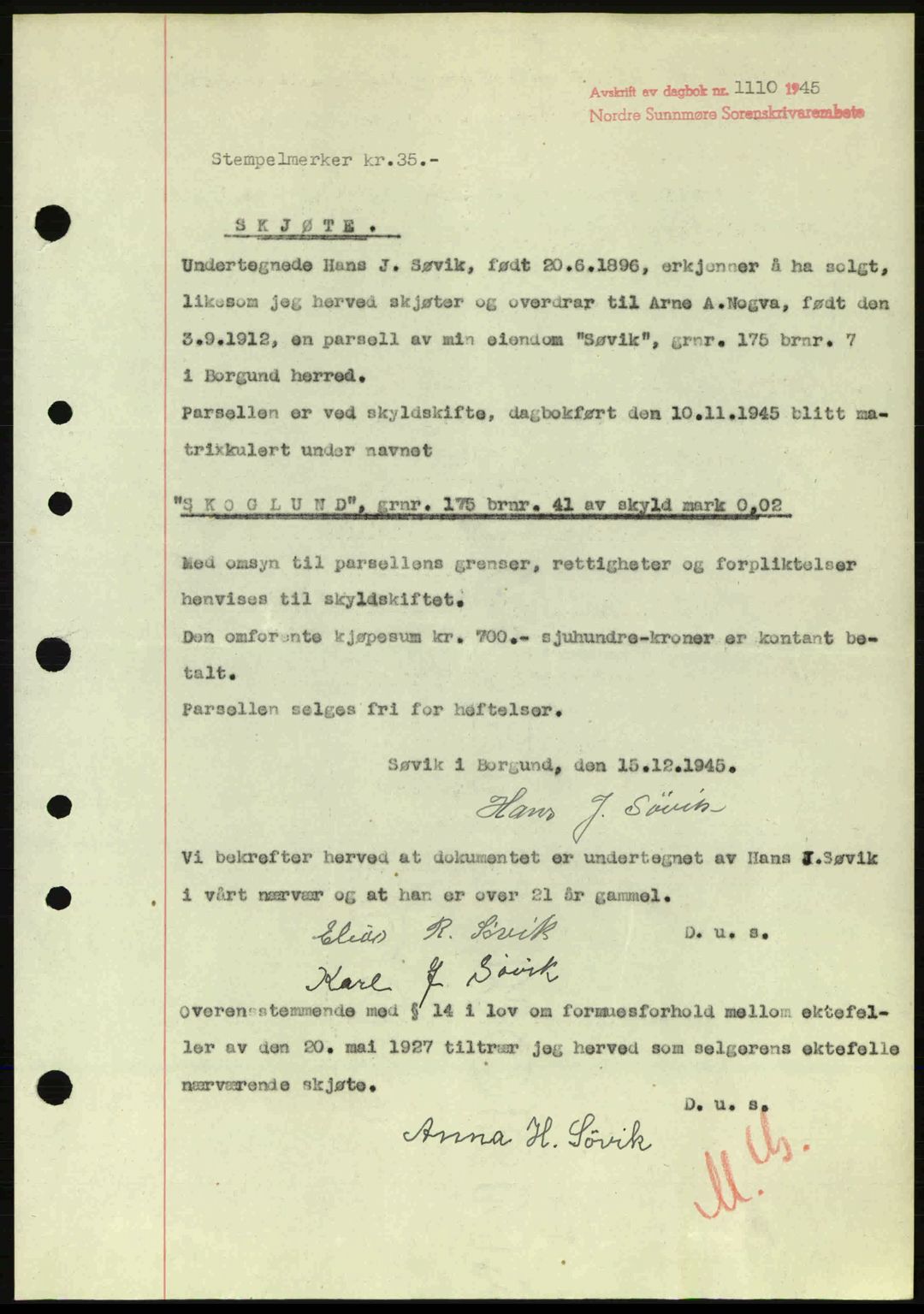 Nordre Sunnmøre sorenskriveri, AV/SAT-A-0006/1/2/2C/2Ca: Mortgage book no. A20a, 1945-1945, Diary no: : 1110/1945