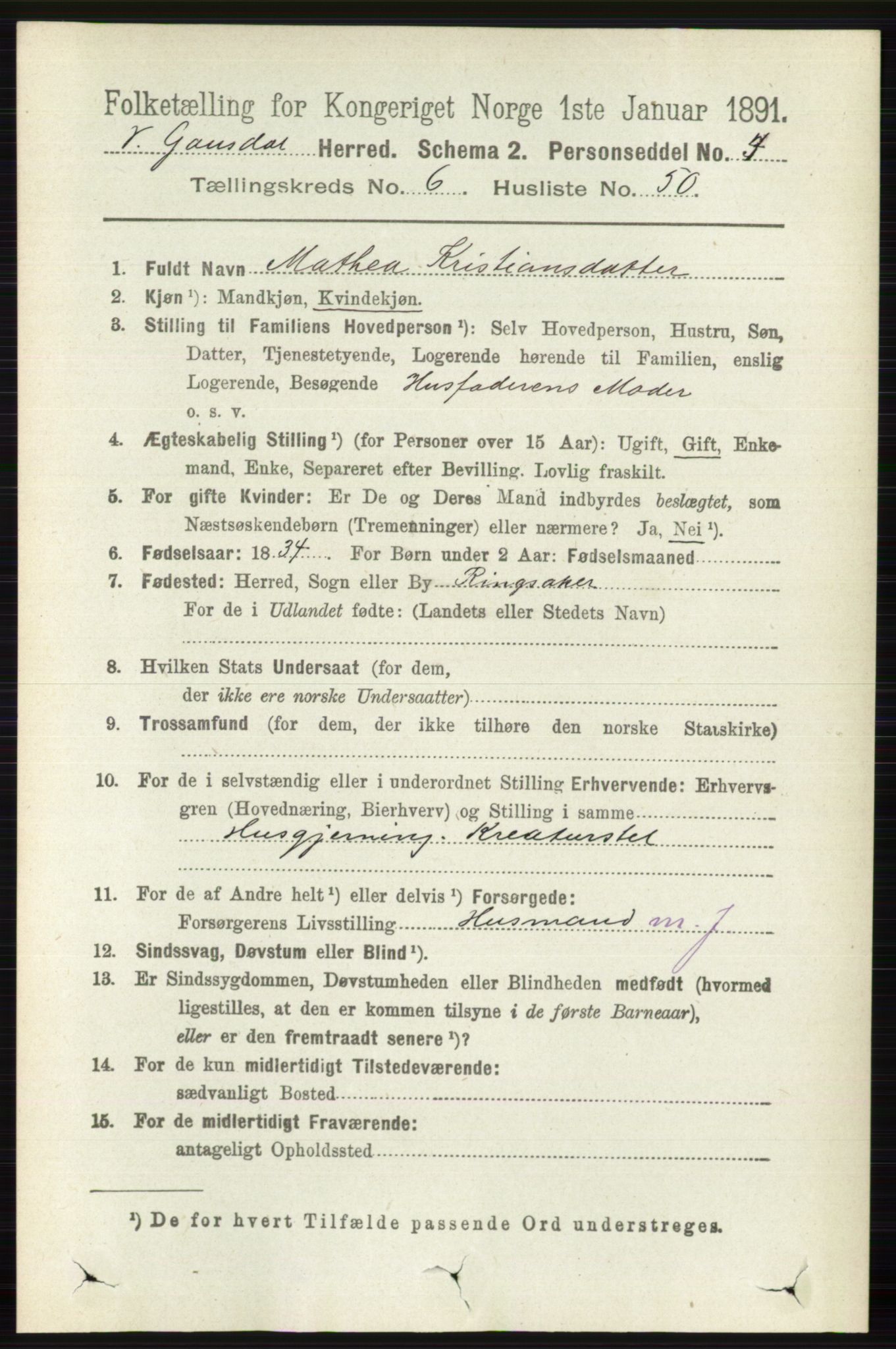 RA, 1891 census for 0523 Vestre Gausdal, 1891, p. 2834