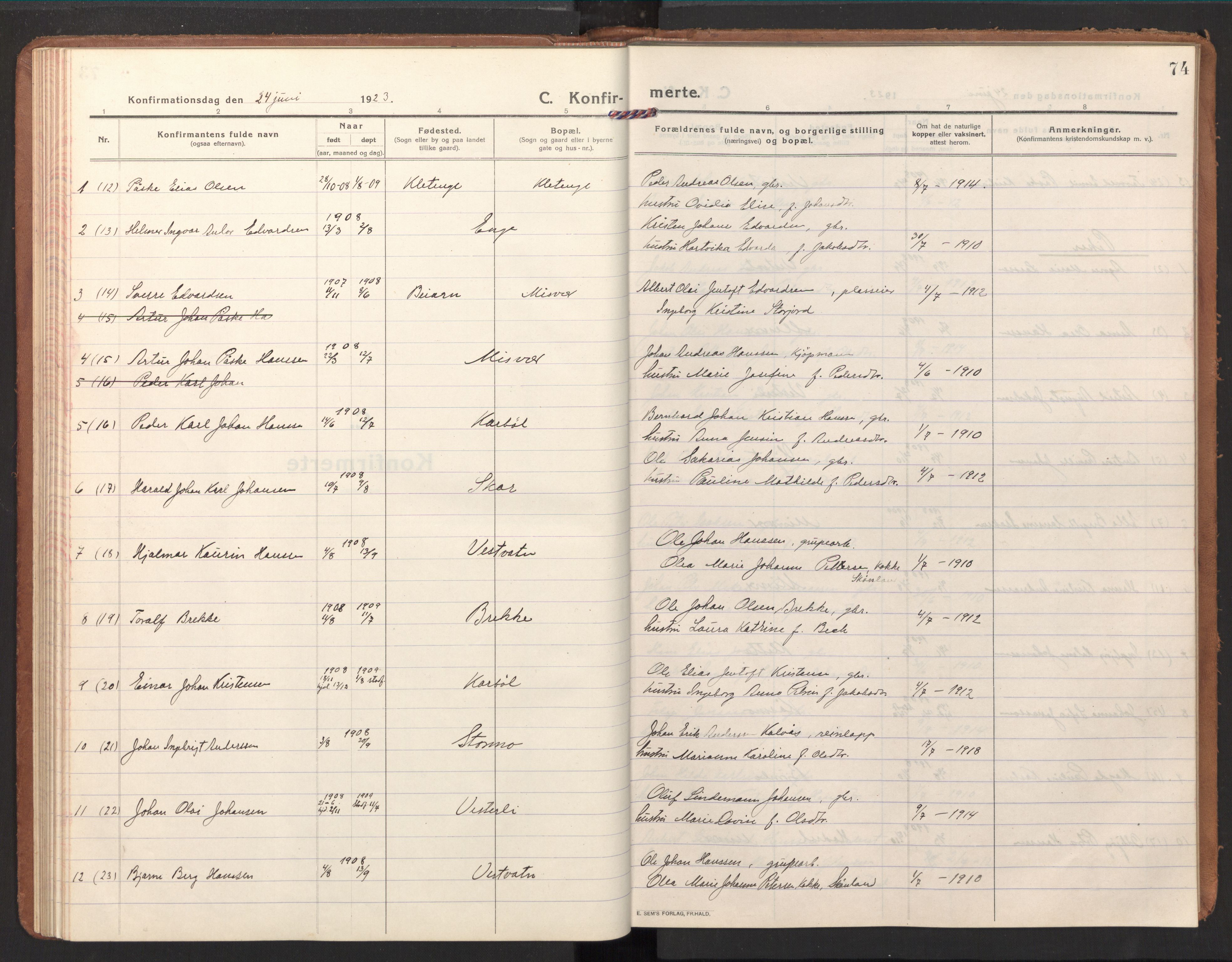 Ministerialprotokoller, klokkerbøker og fødselsregistre - Nordland, AV/SAT-A-1459/848/L0688: Parish register (official) no. 848A01, 1913-1935, p. 74