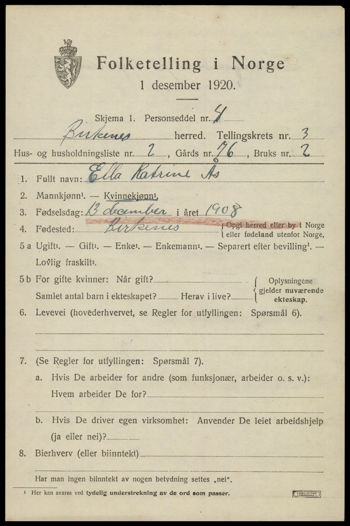 SAK, 1920 census for Birkenes, 1920, p. 1435