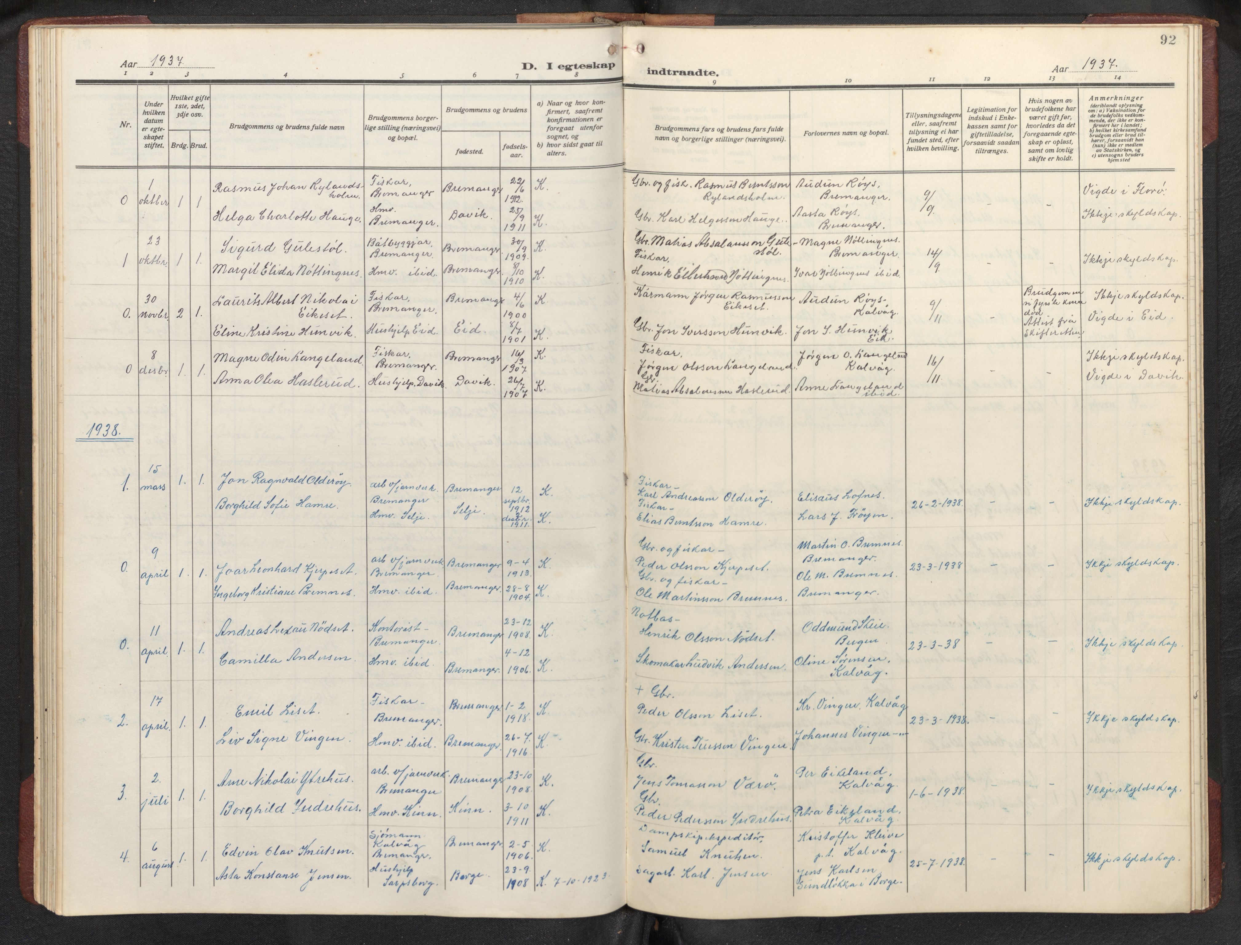 Bremanger sokneprestembete, SAB/A-82201/H/Hab/Habb/L0002: Parish register (copy) no. B 2, 1926-1945, p. 91b-92a