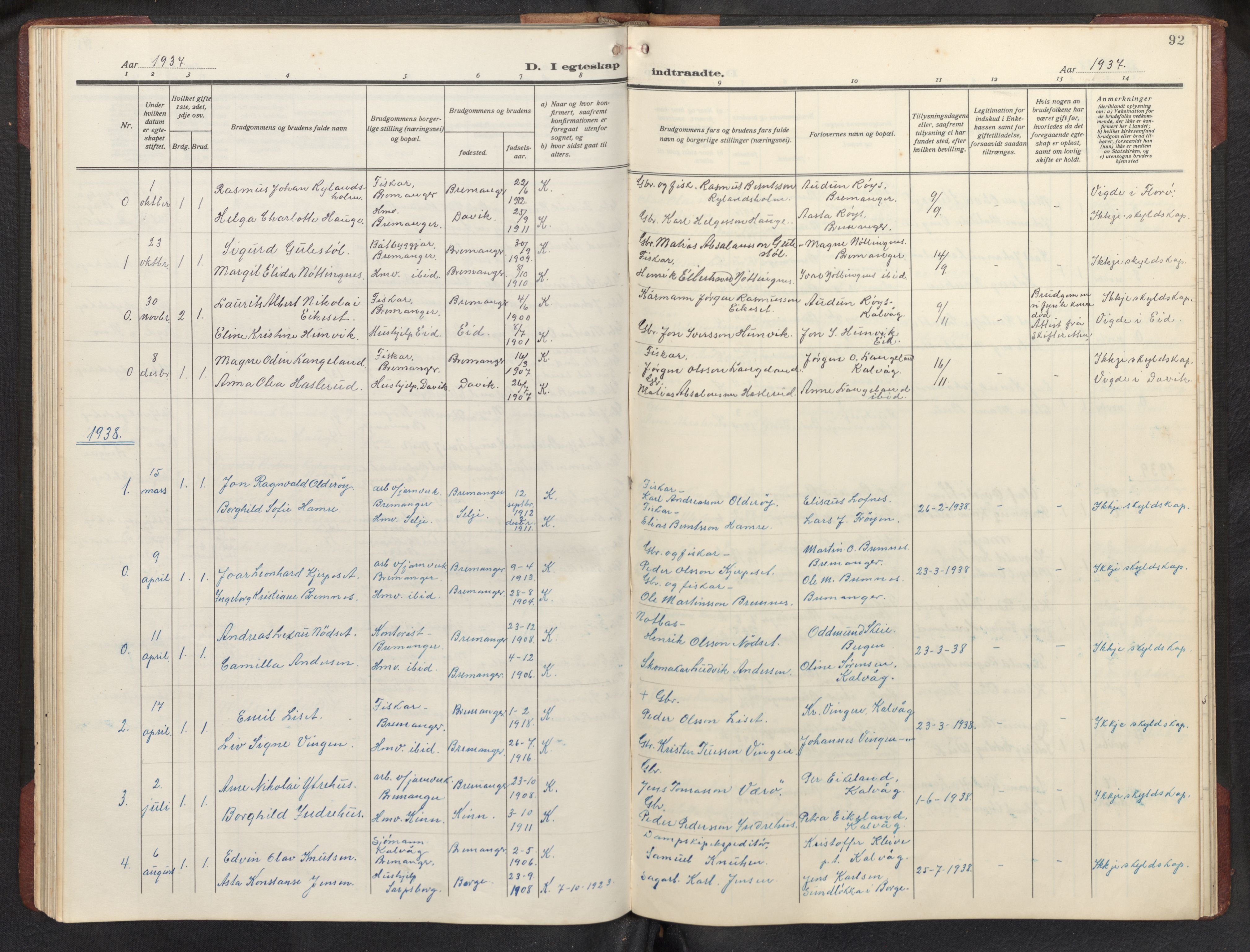 Bremanger sokneprestembete, AV/SAB-A-82201/H/Hab/Habb/L0002: Parish register (copy) no. B 2, 1926-1945, p. 91b-92a