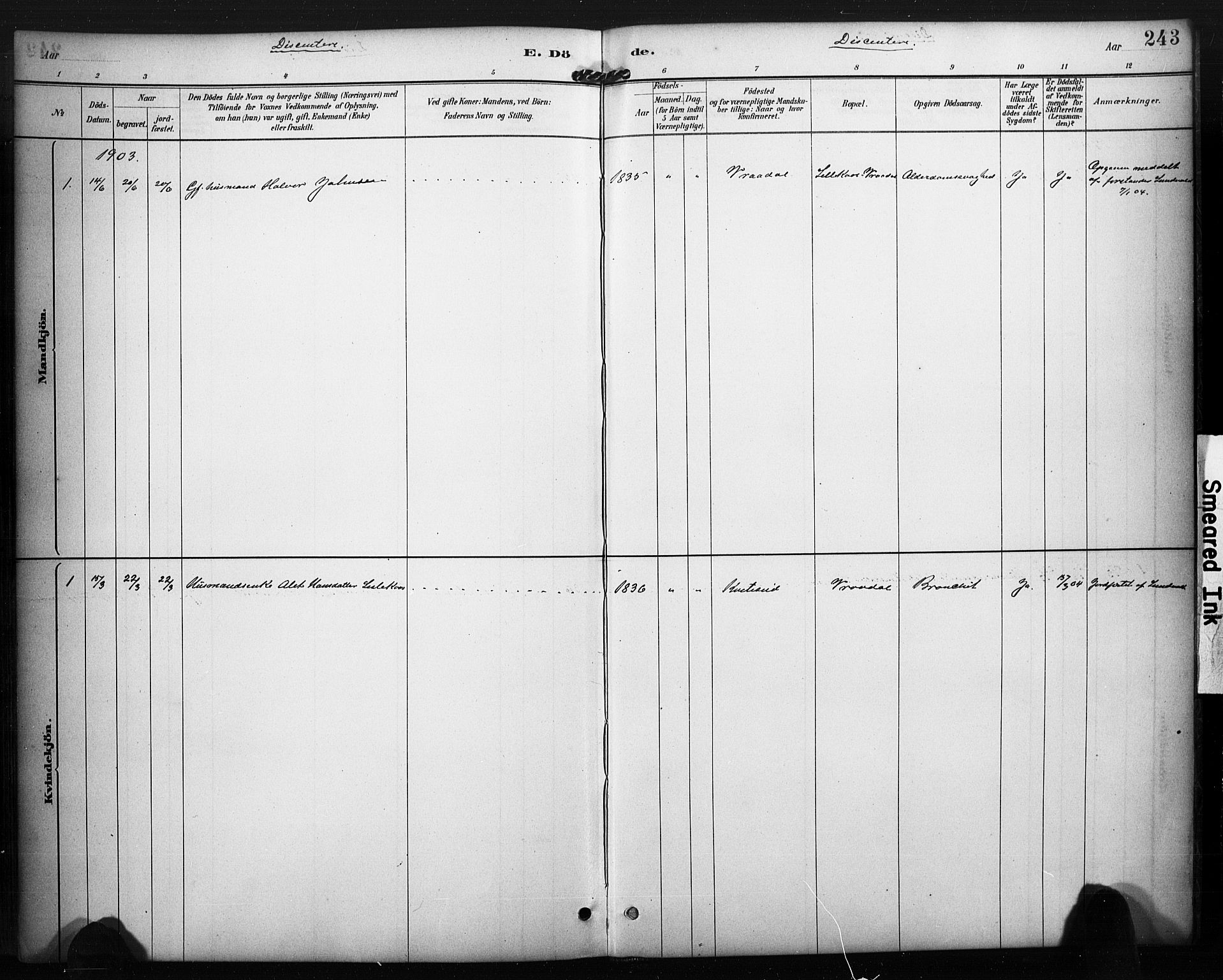 Kviteseid kirkebøker, SAKO/A-276/F/Fa/L0008: Parish register (official) no. I 8, 1882-1903, p. 243