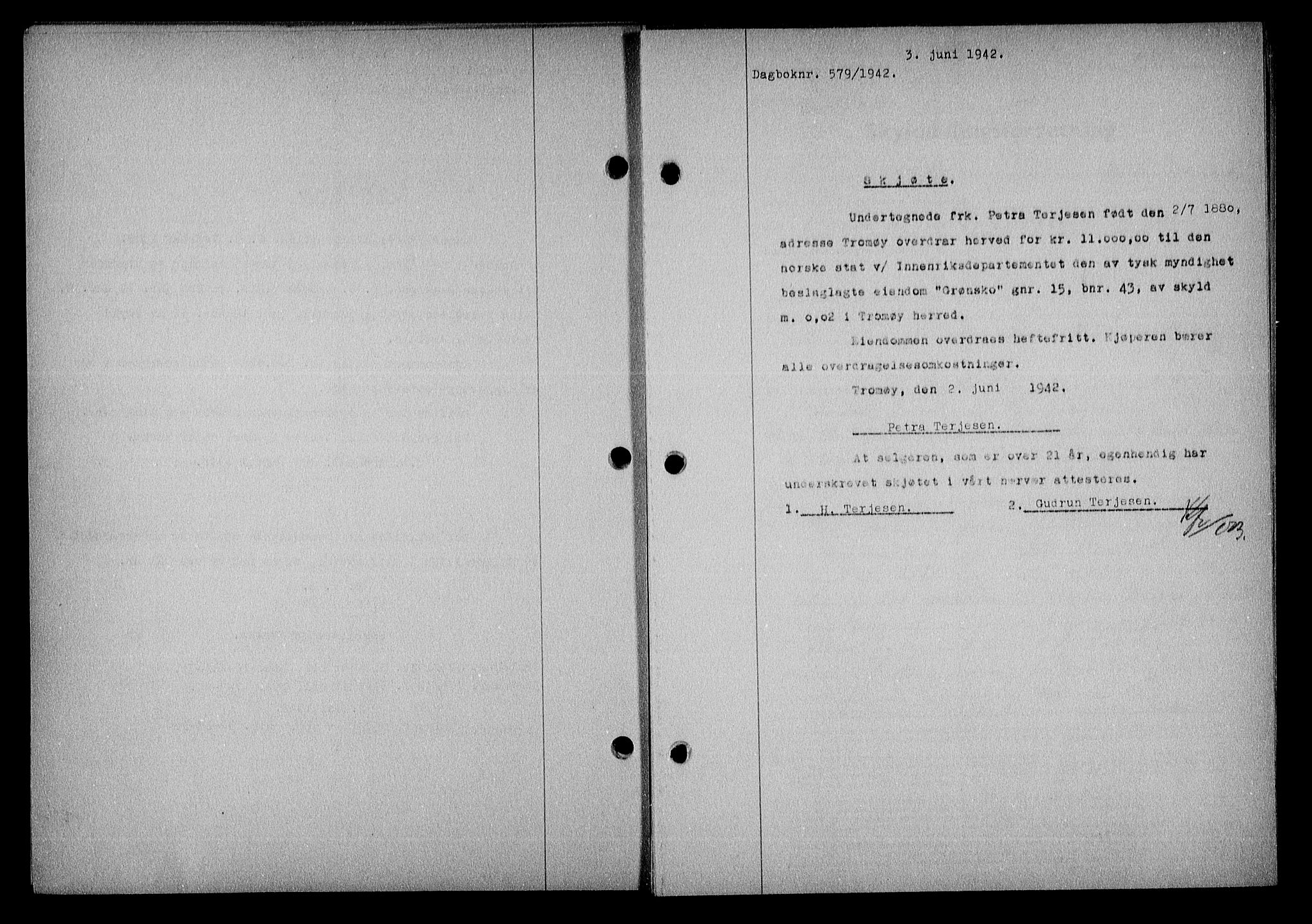 Nedenes sorenskriveri, SAK/1221-0006/G/Gb/Gba/L0049: Mortgage book no. A-III, 1941-1942, Diary no: : 579/1942