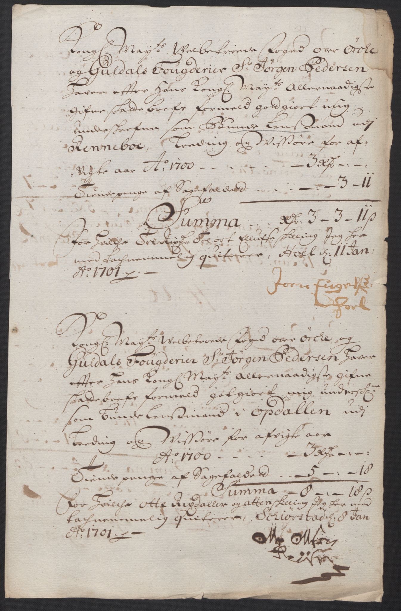 Rentekammeret inntil 1814, Reviderte regnskaper, Fogderegnskap, AV/RA-EA-4092/R60/L3950: Fogderegnskap Orkdal og Gauldal, 1700, p. 208