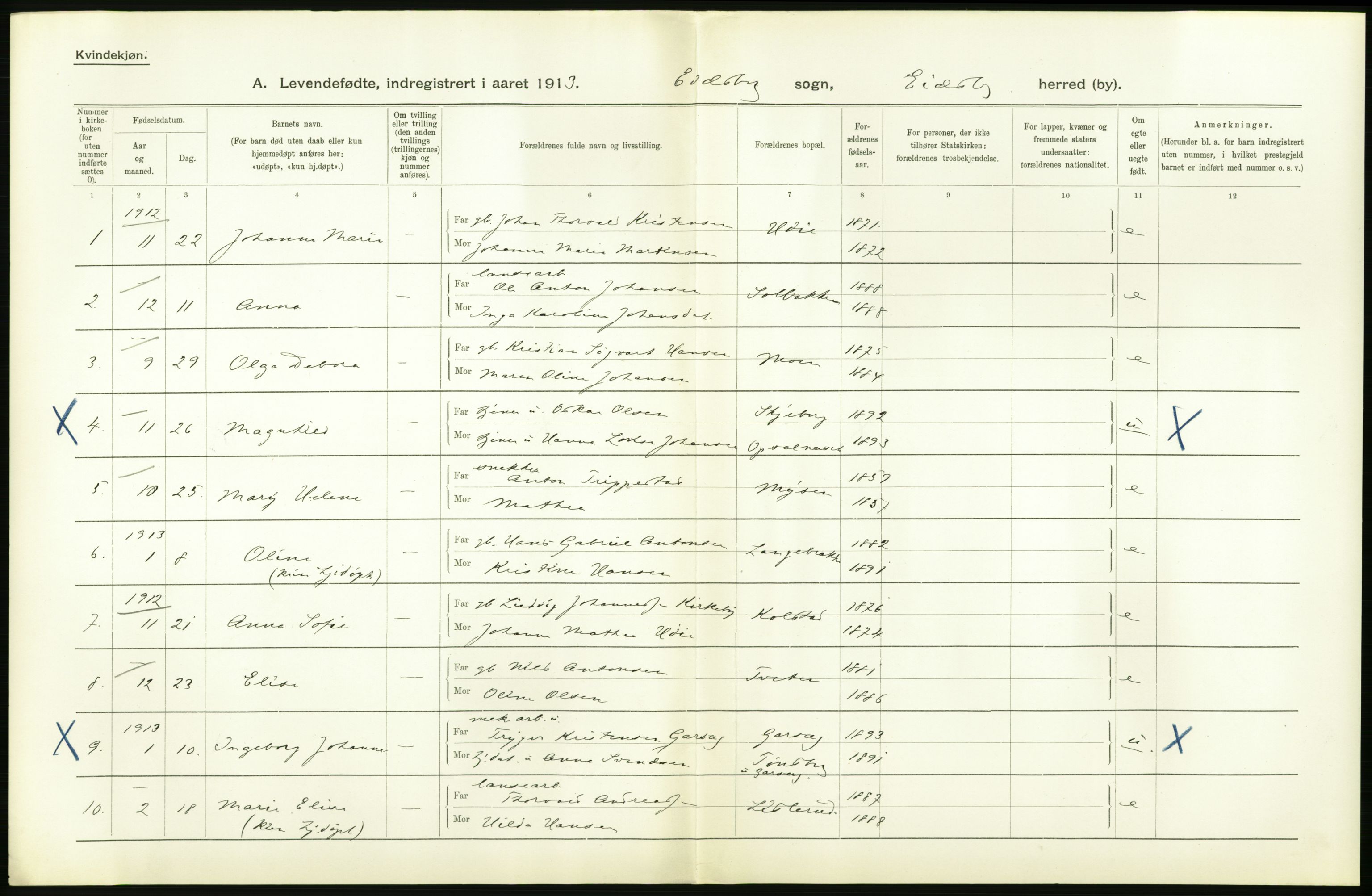 Statistisk sentralbyrå, Sosiodemografiske emner, Befolkning, AV/RA-S-2228/D/Df/Dfb/Dfbc/L0001: Smålenenes amt: Levendefødte menn og kvinner. Bygder., 1913, p. 42
