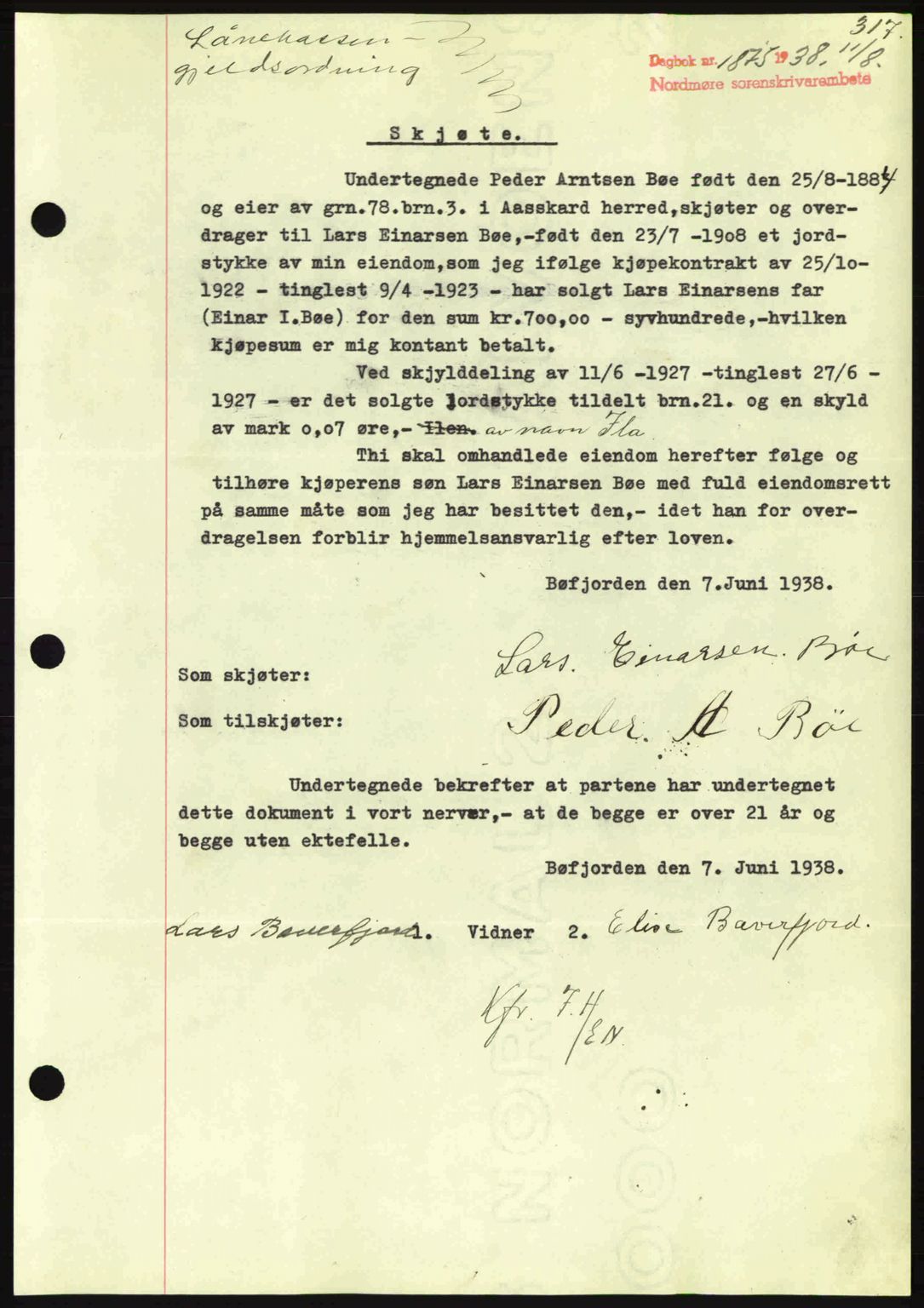 Nordmøre sorenskriveri, SAT/A-4132/1/2/2Ca: Mortgage book no. A84, 1938-1938, Diary no: : 1875/1938