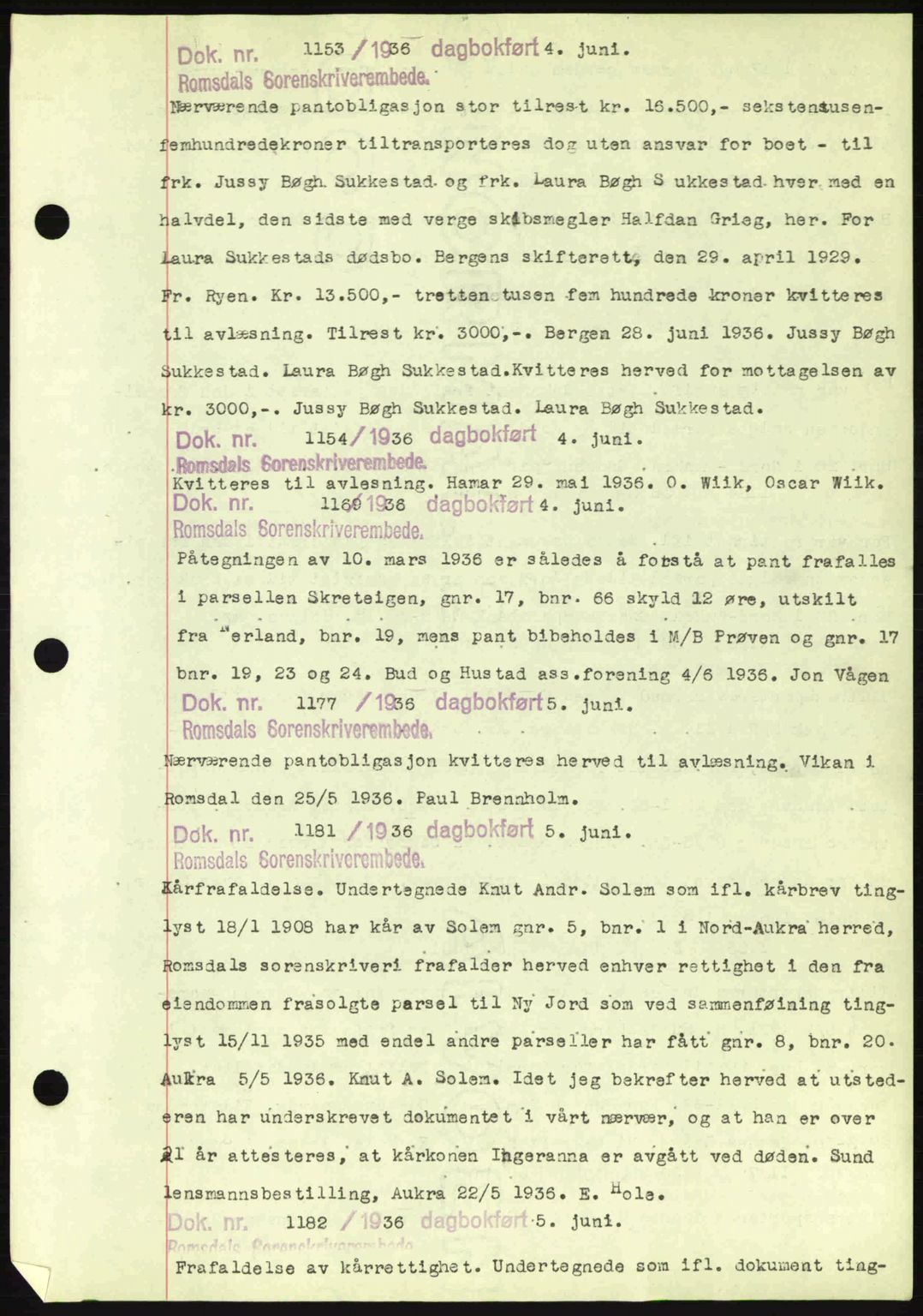 Romsdal sorenskriveri, AV/SAT-A-4149/1/2/2C: Mortgage book no. C1a, 1936-1945, Diary no: : 1153/1936