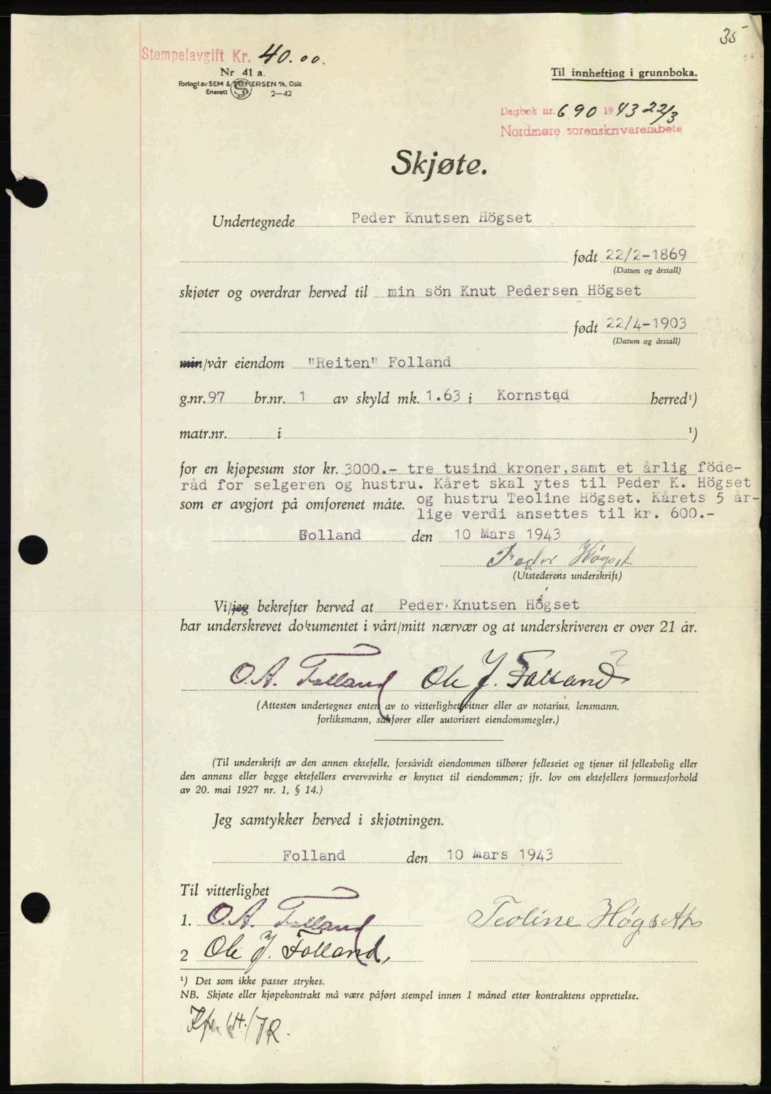 Nordmøre sorenskriveri, AV/SAT-A-4132/1/2/2Ca: Mortgage book no. A95, 1943-1943, Diary no: : 690/1943