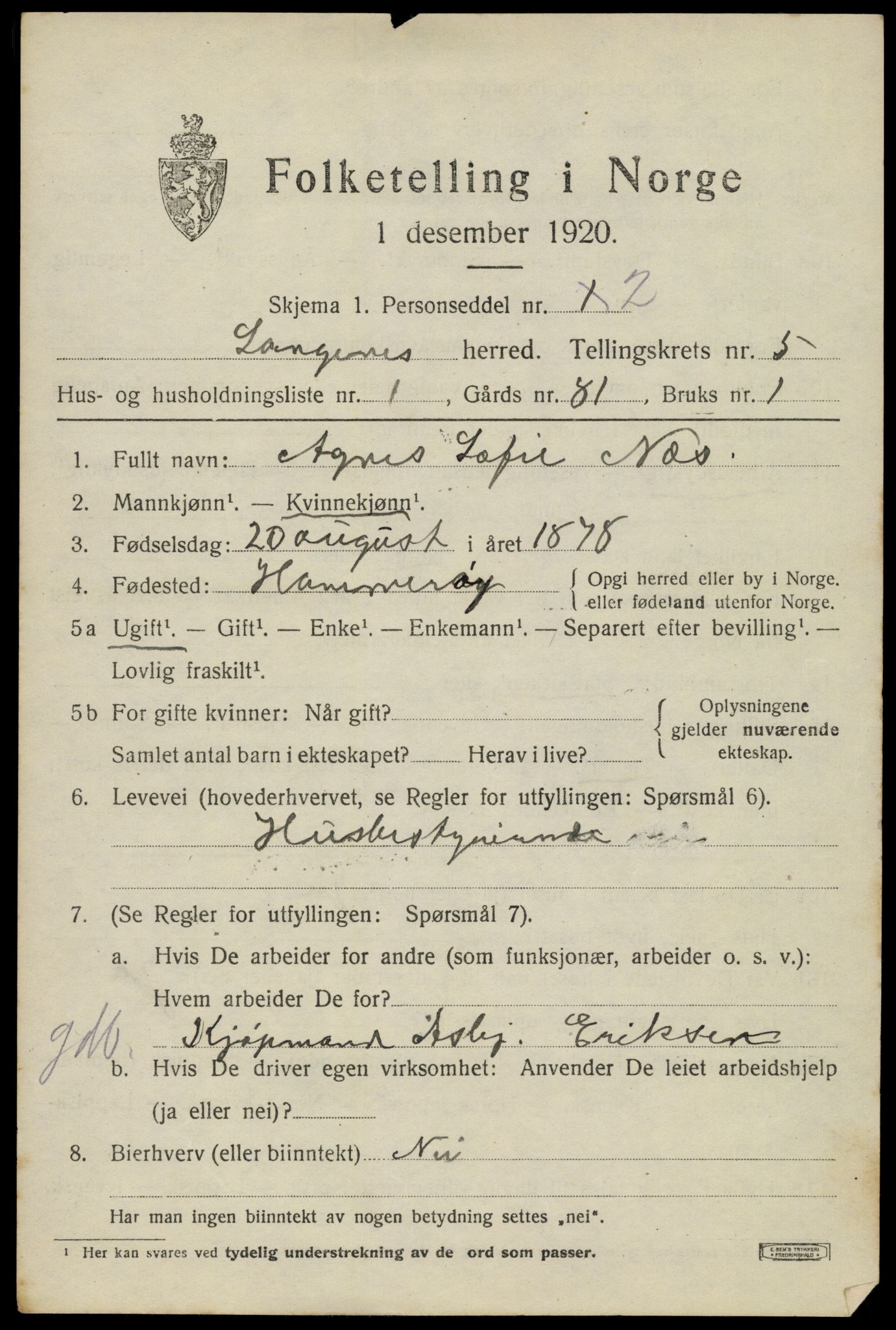 SAT, 1920 census for Langenes, 1920, p. 1958