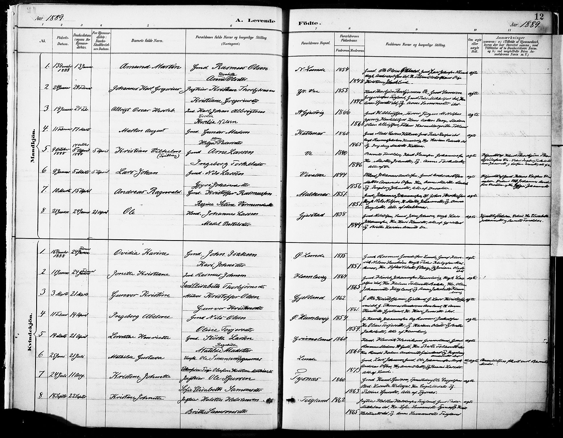 Tysnes sokneprestembete, SAB/A-78601/H/Haa: Parish register (official) no. B 1, 1887-1906, p. 12