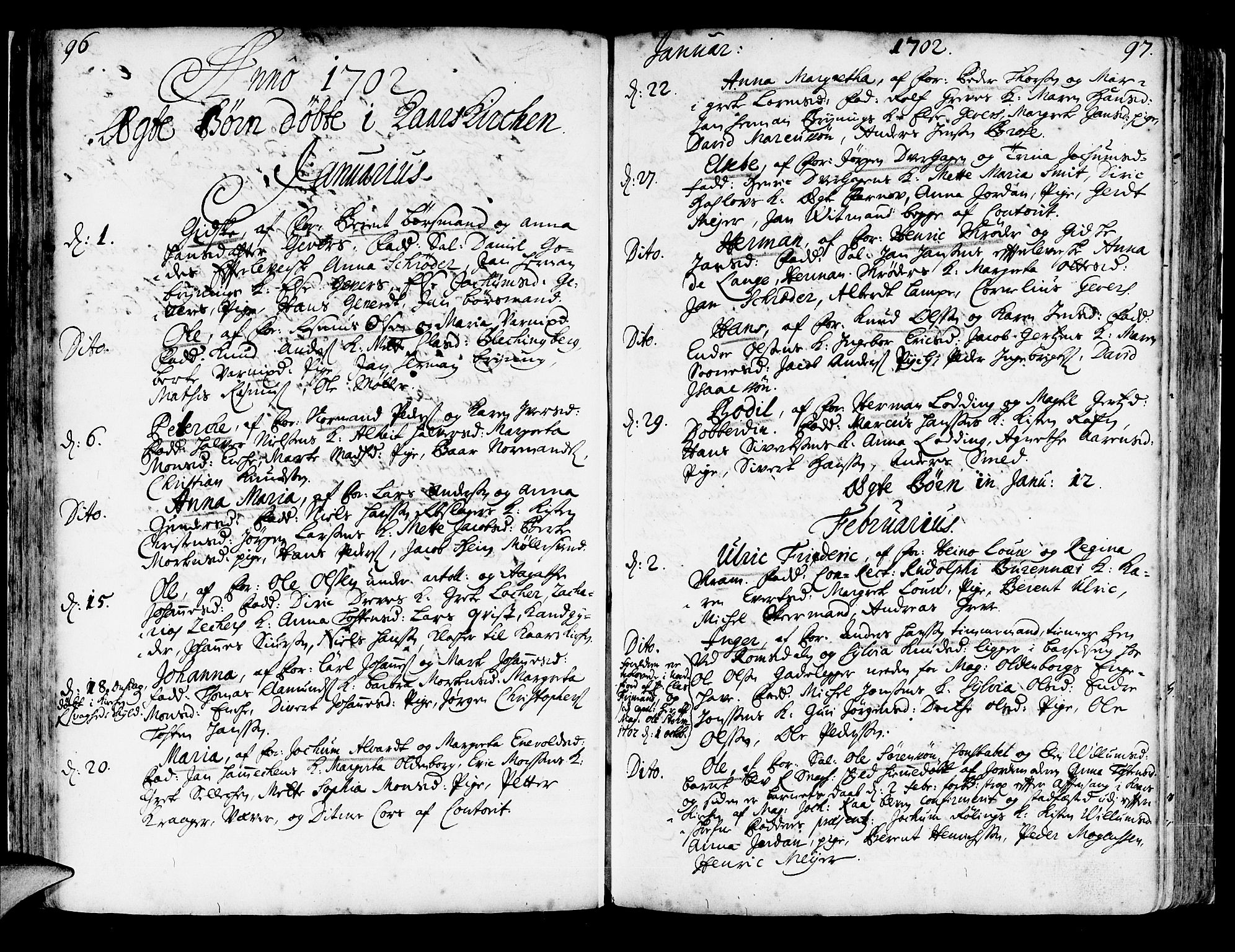 Korskirken sokneprestembete, SAB/A-76101/H/Haa/L0003: Parish register (official) no. A 3, 1698-1719, p. 96-97