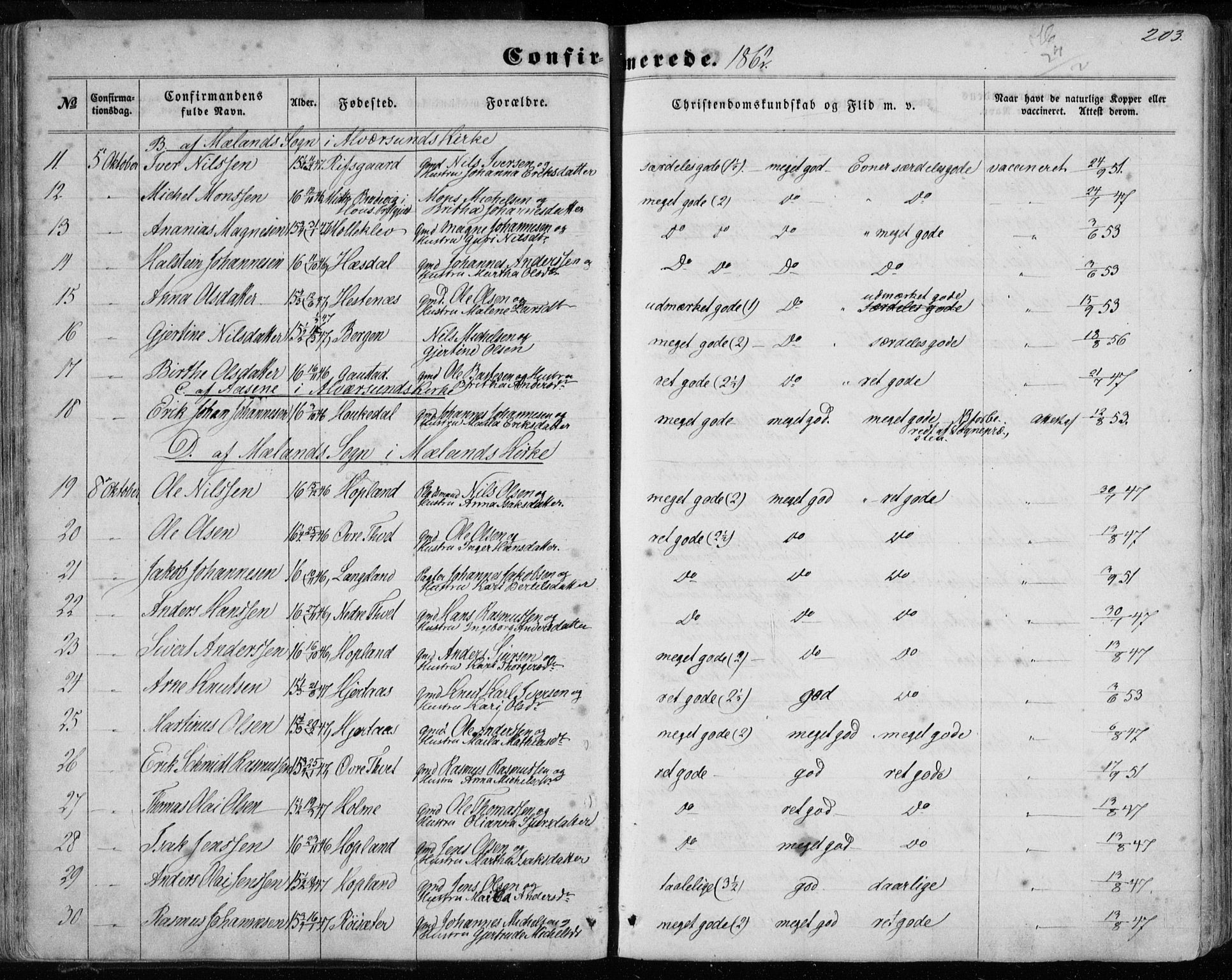 Hamre sokneprestembete, SAB/A-75501/H/Ha/Haa/Haaa/L0014: Parish register (official) no. A 14, 1858-1872, p. 203