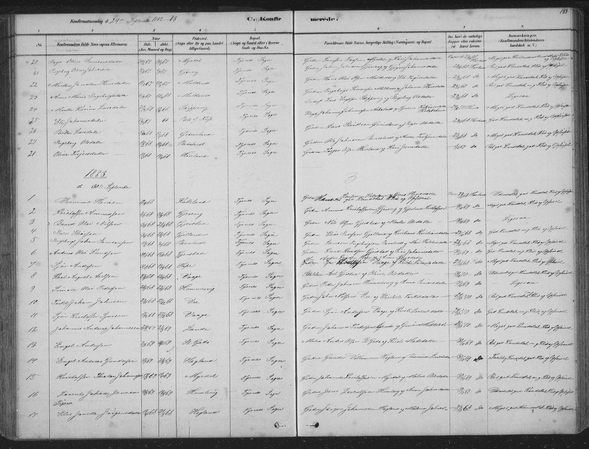 Tysnes sokneprestembete, AV/SAB-A-78601/H/Hab: Parish register (copy) no. B 2, 1878-1918, p. 183