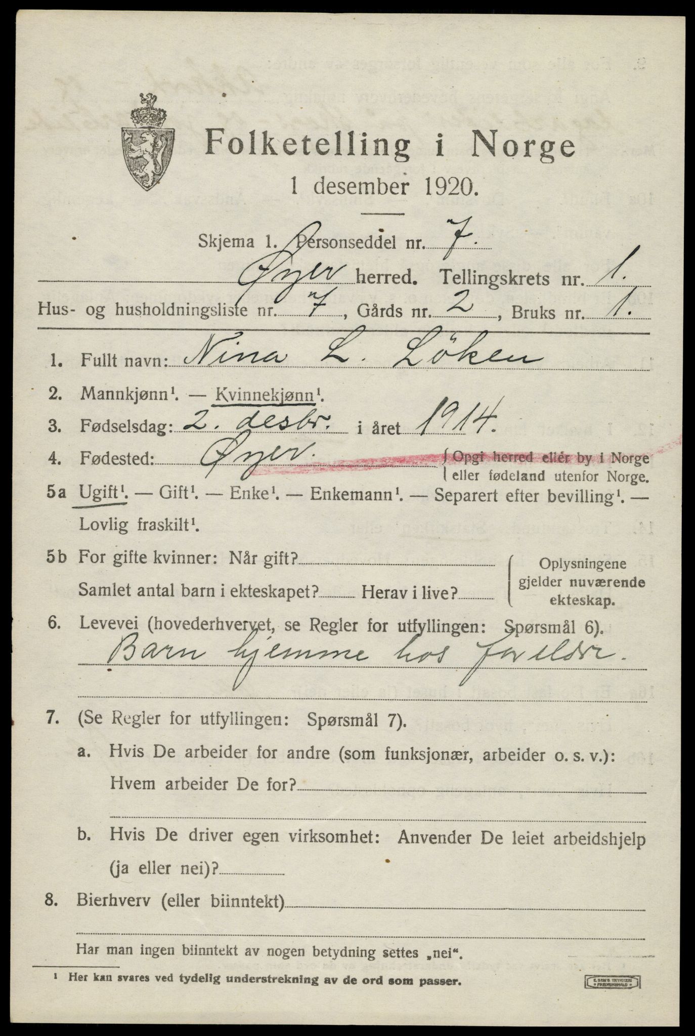 SAH, 1920 census for Øyer, 1920, p. 1299
