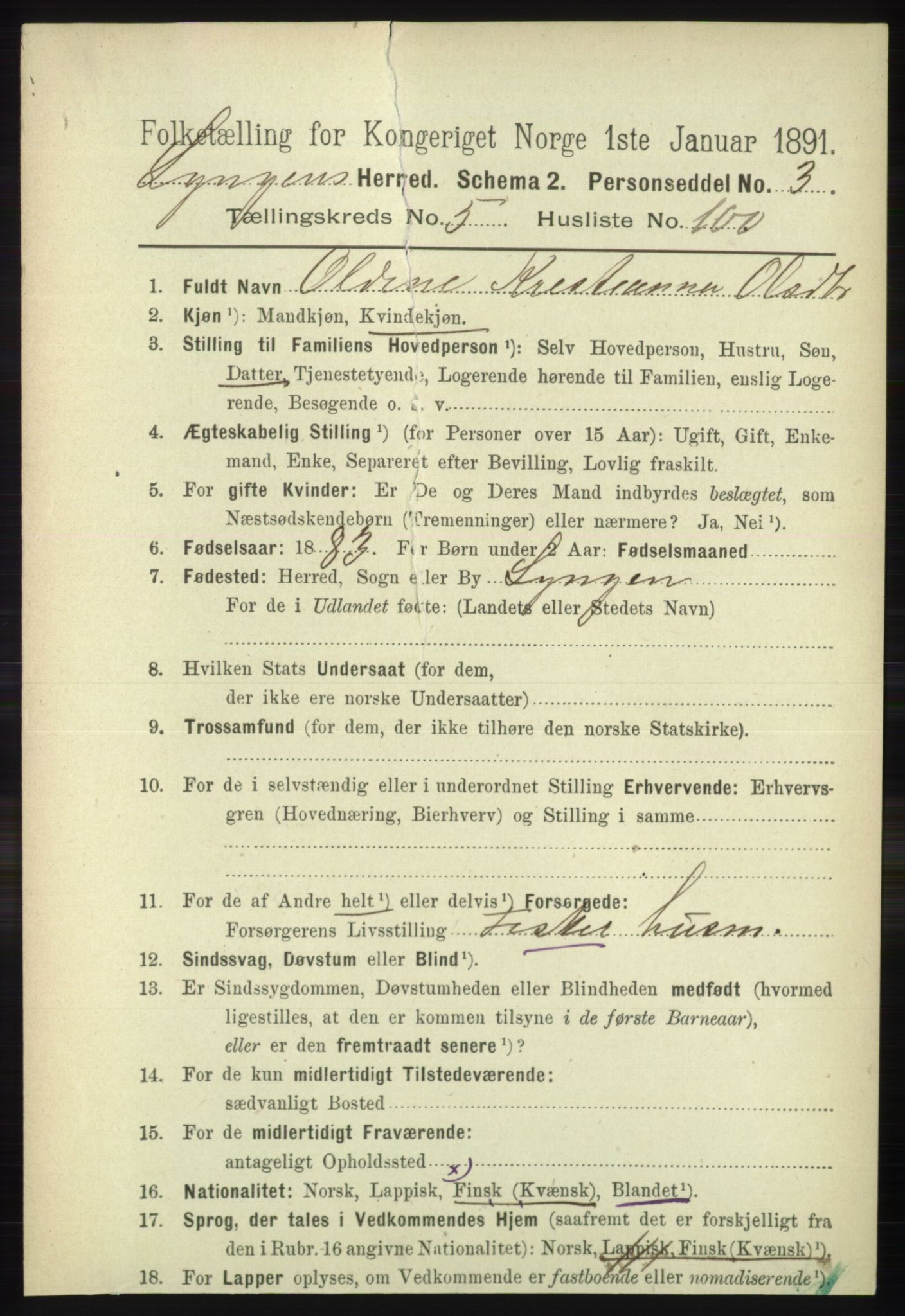 RA, 1891 census for 1938 Lyngen, 1891, p. 5085