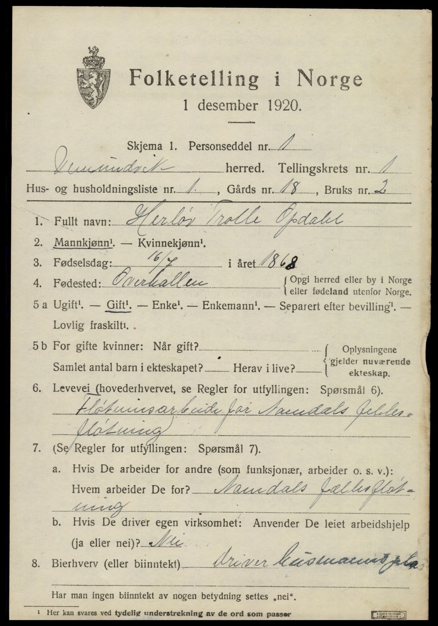 SAT, 1920 census for Vemundvik, 1920, p. 561