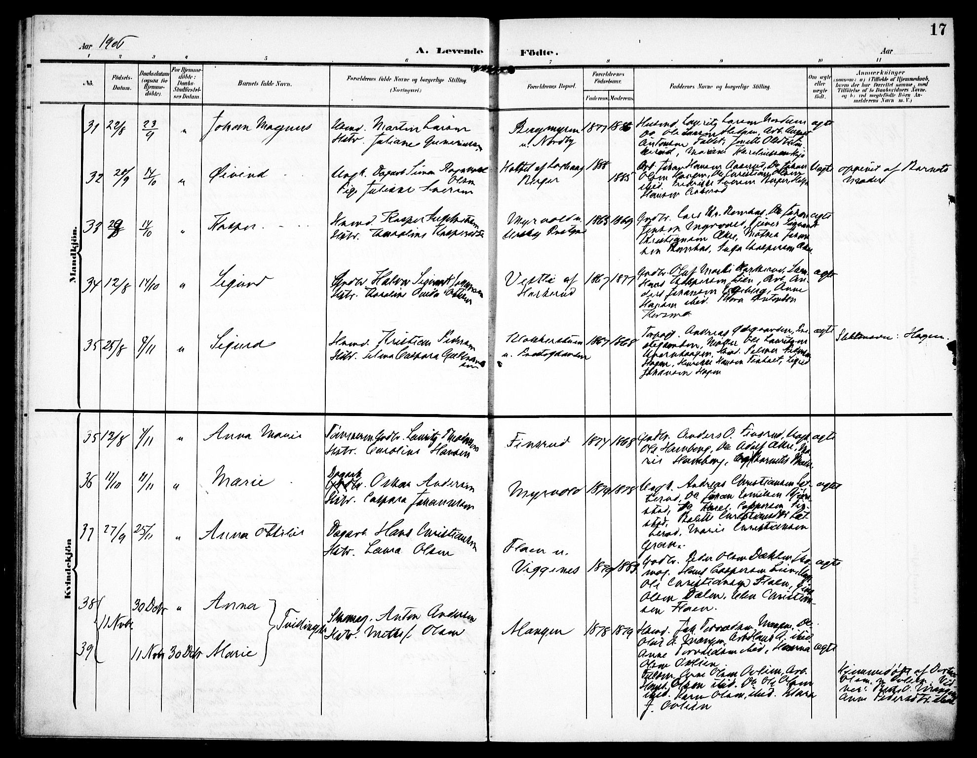 Aurskog prestekontor Kirkebøker, SAO/A-10304a/F/Fa/L0011: Parish register (official) no. I 11, 1905-1911, p. 17
