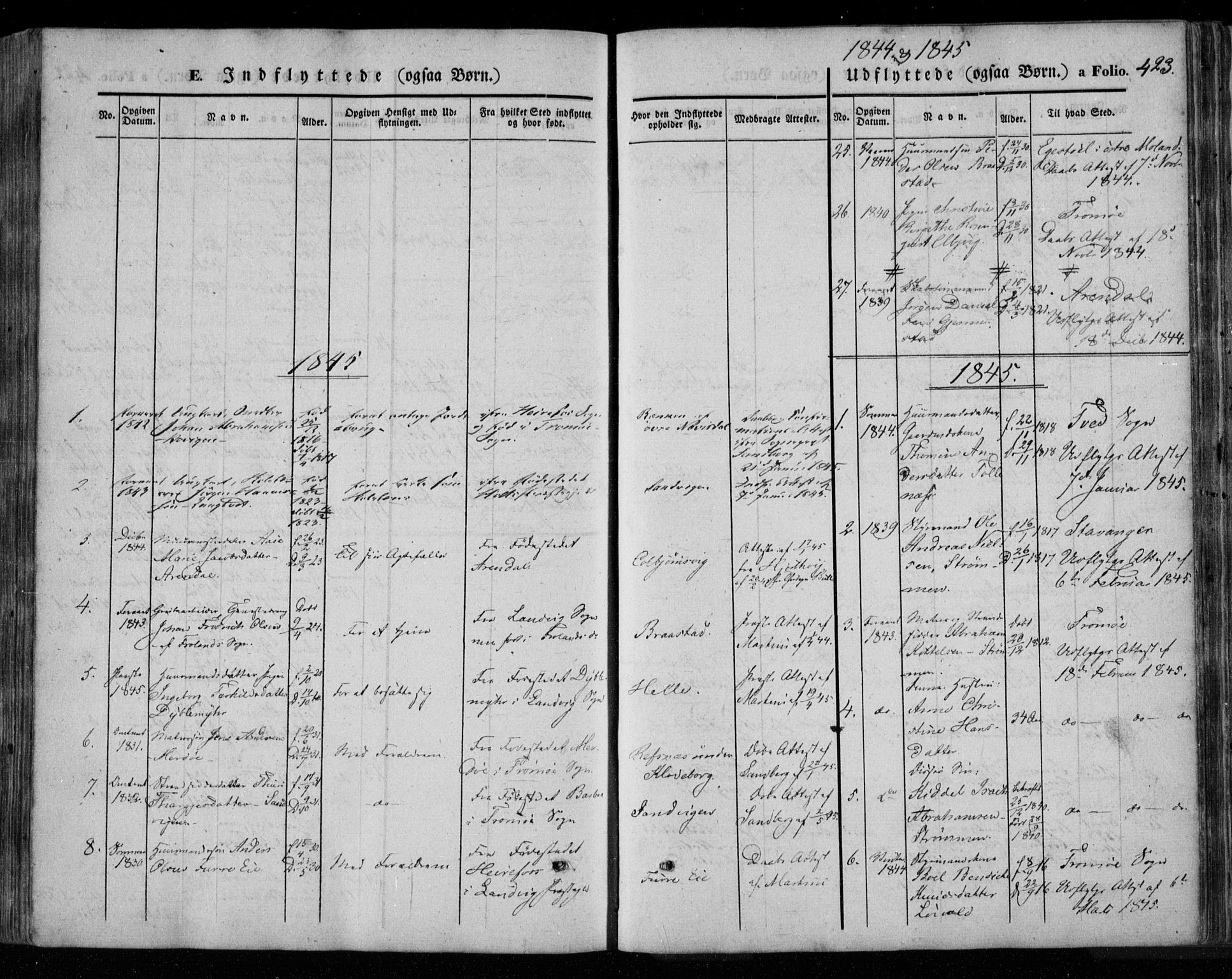 Øyestad sokneprestkontor, SAK/1111-0049/F/Fa/L0014: Parish register (official) no. A 14, 1843-1856, p. 423