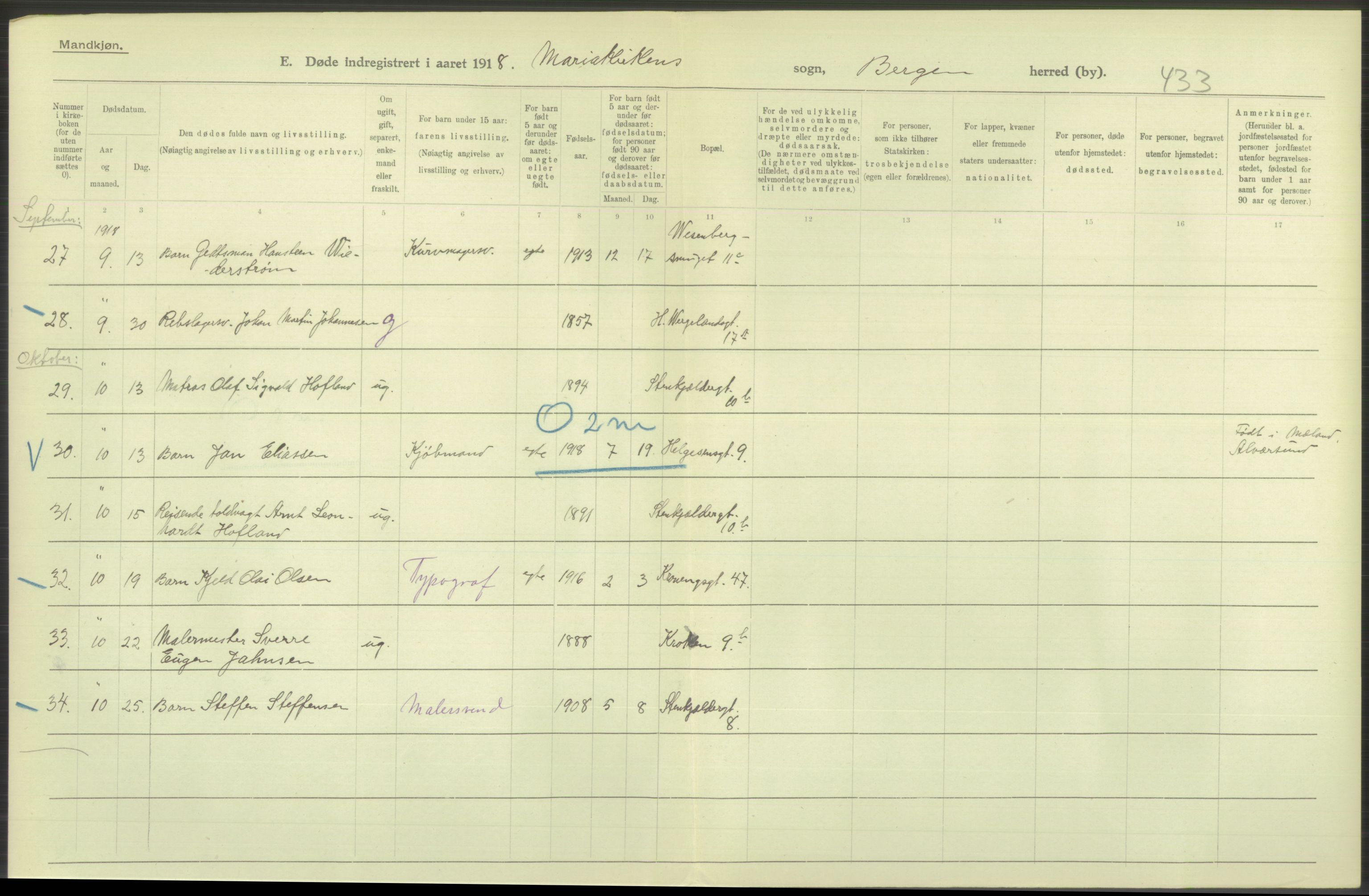 Statistisk sentralbyrå, Sosiodemografiske emner, Befolkning, RA/S-2228/D/Df/Dfb/Dfbh/L0039: Bergen: Døde., 1918, p. 104