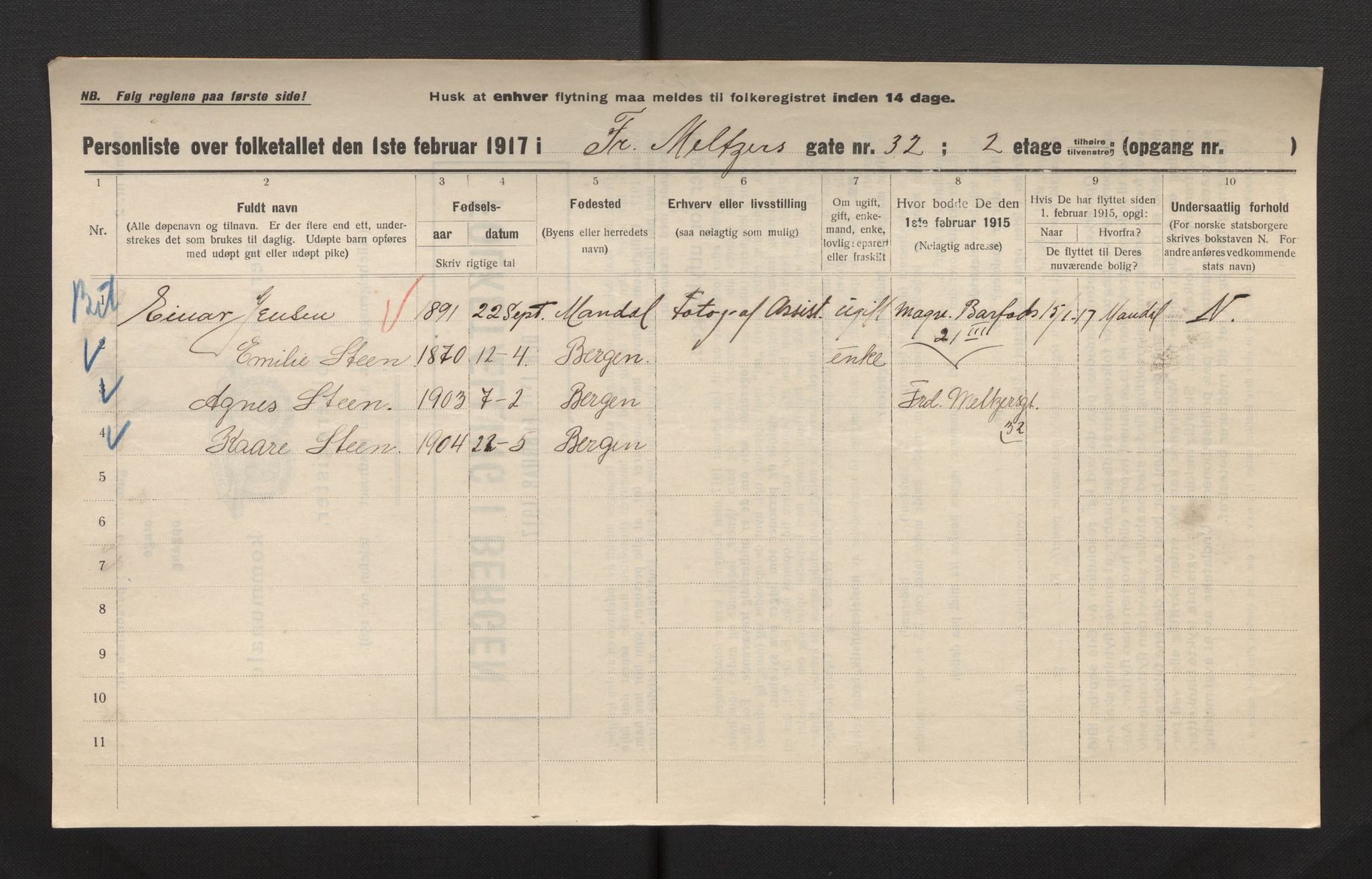 SAB, Municipal Census 1917 for Bergen, 1917, p. 9127