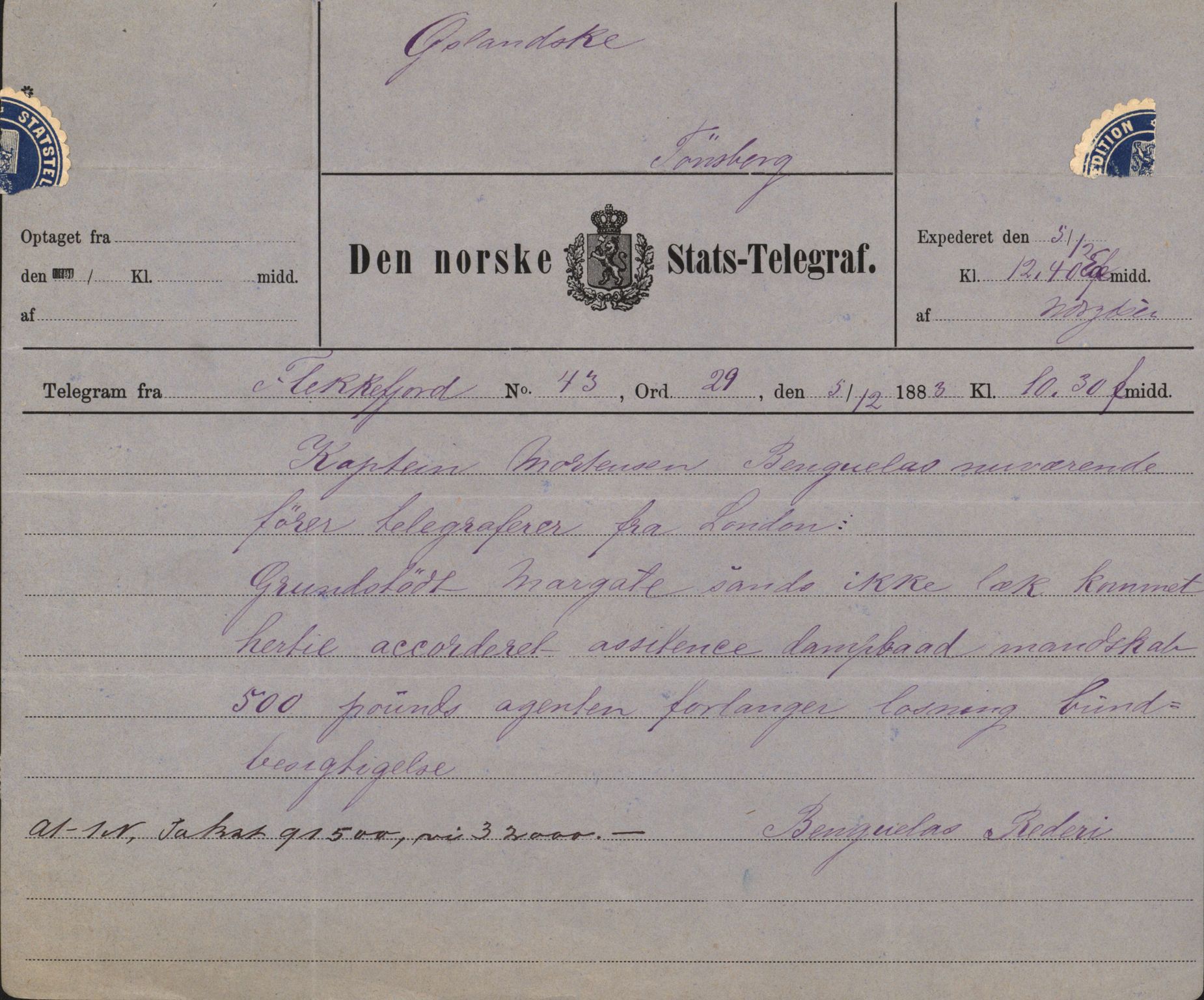 Pa 63 - Østlandske skibsassuranceforening, VEMU/A-1079/G/Ga/L0016/0012: Havaridokumenter / Urania, Tagal, Sir John Lawrence, Benguela, 1883, p. 47