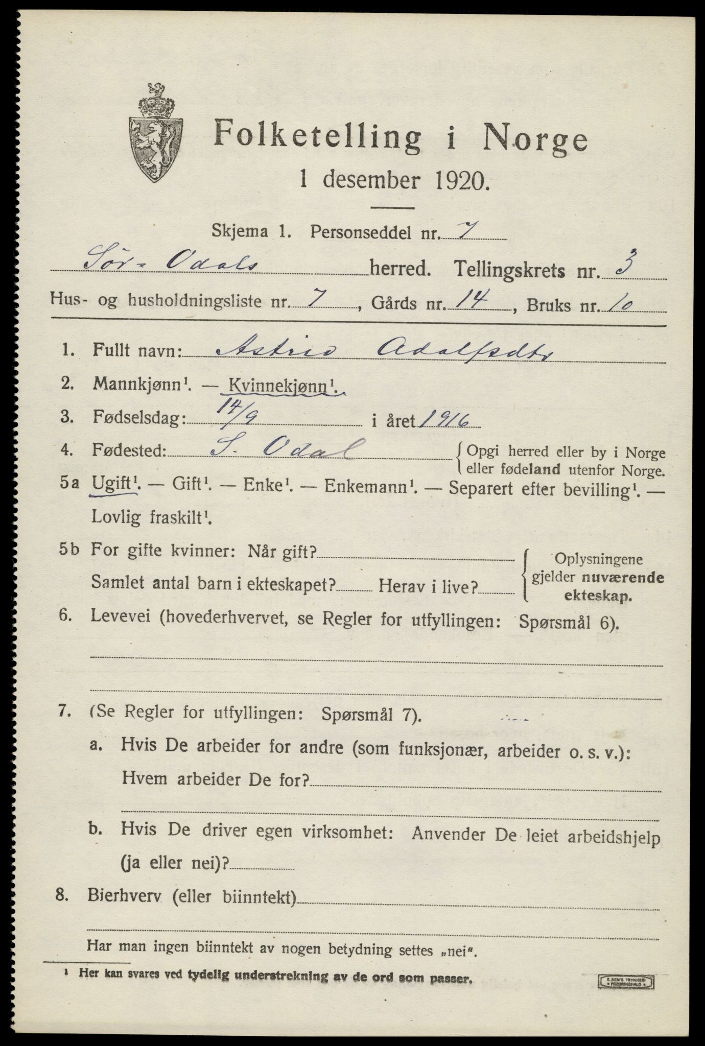 SAH, 1920 census for Sør-Odal, 1920, p. 4331