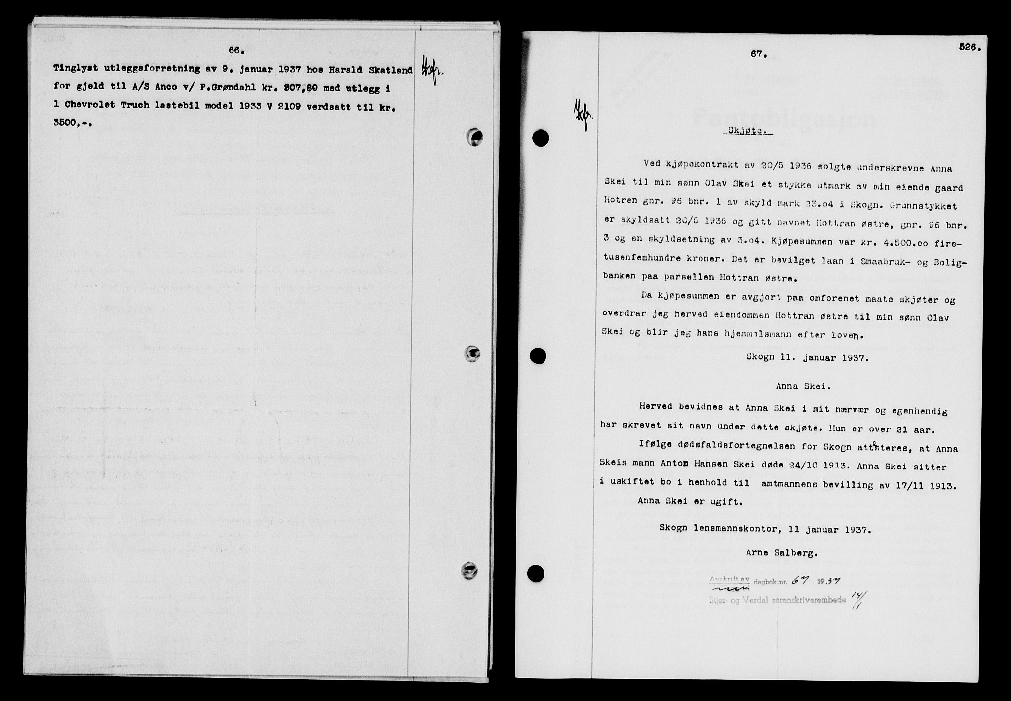 Stjør- og Verdal sorenskriveri, SAT/A-4167/1/2/2C/L0078: Mortgage book no. 46, 1936-1937, Diary no: : 67/1937