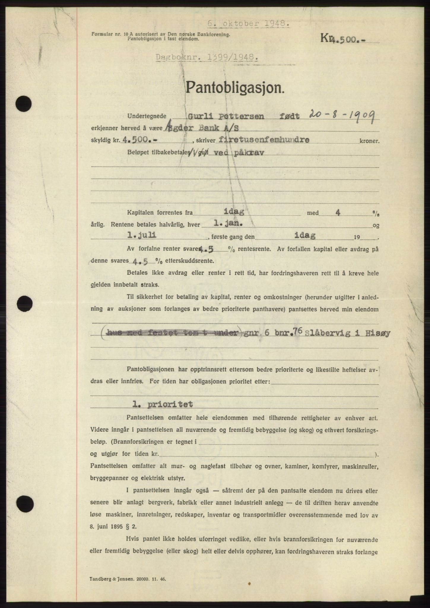 Nedenes sorenskriveri, AV/SAK-1221-0006/G/Gb/Gbb/L0005: Mortgage book no. B5, 1948-1948, Diary no: : 1399/1948