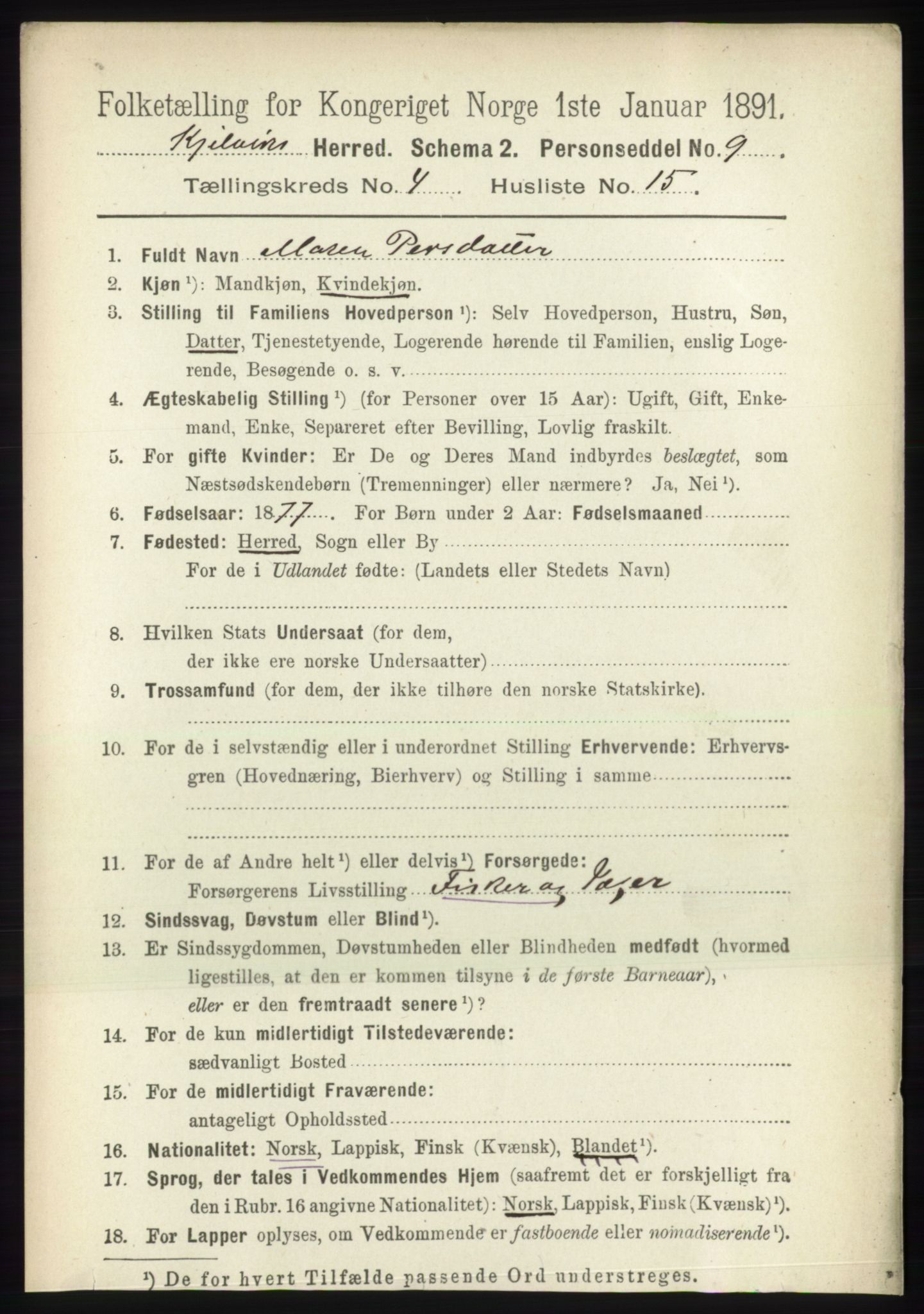 RA, 1891 census for 2019 Kjelvik, 1891, p. 529