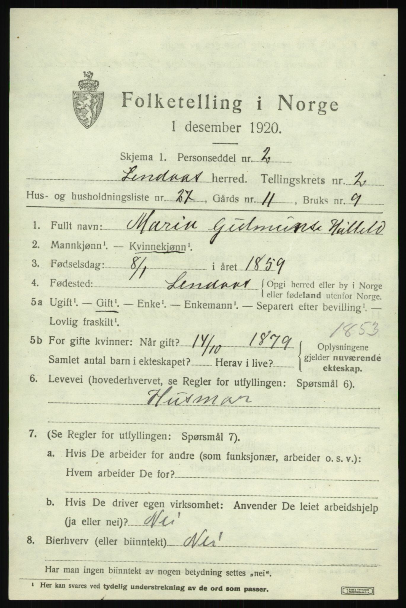 SAB, 1920 census for Lindås, 1920, p. 1883