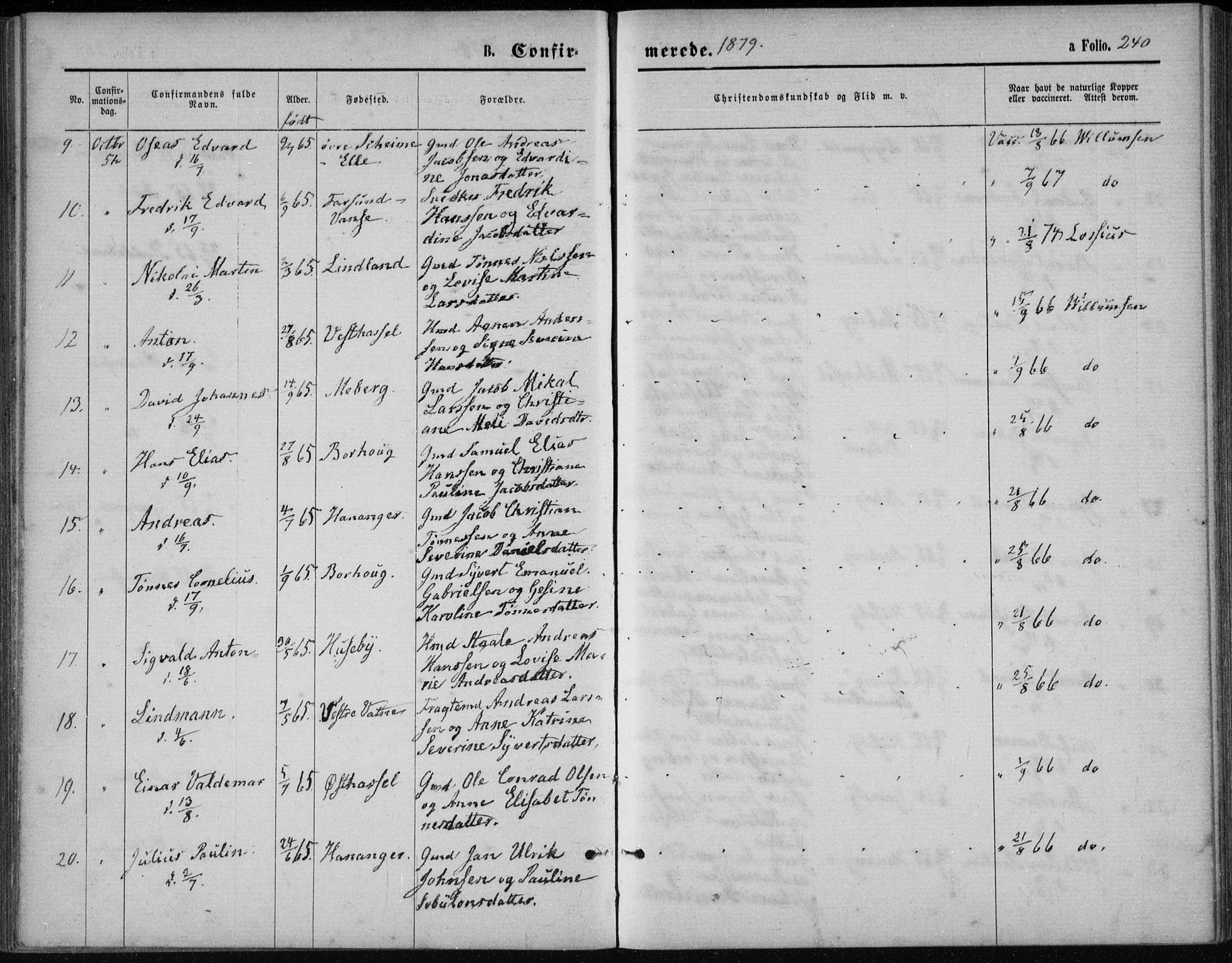 Lista sokneprestkontor, AV/SAK-1111-0027/F/Fb/L0004: Parish register (copy) no. B 4, 1877-1891, p. 240