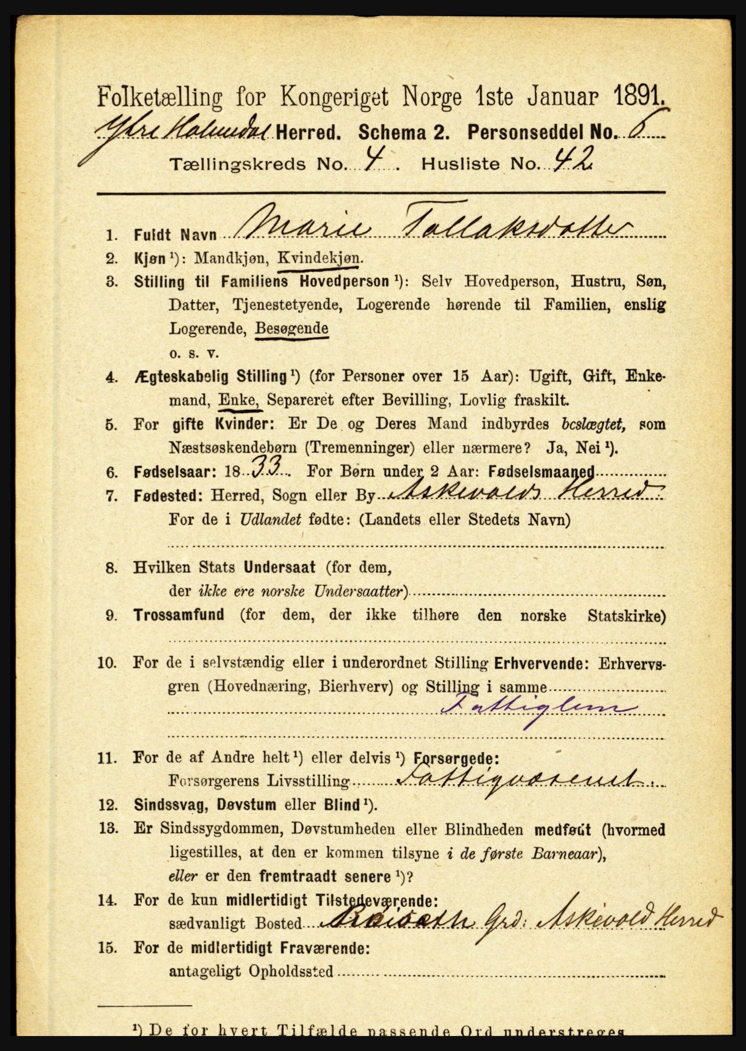 RA, 1891 census for 1429 Ytre Holmedal, 1891, p. 1116