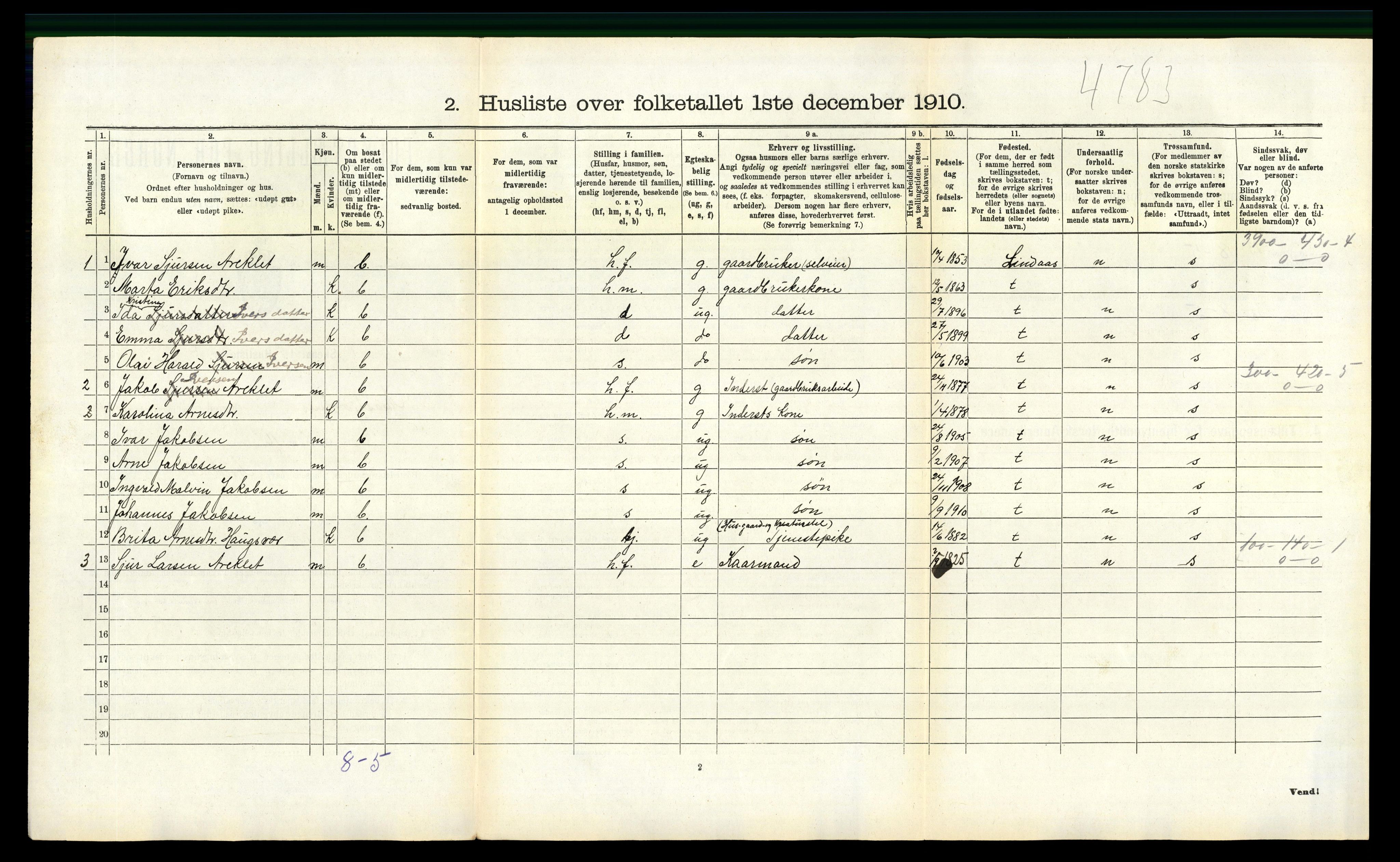 RA, 1910 census for Masfjorden, 1910, p. 257