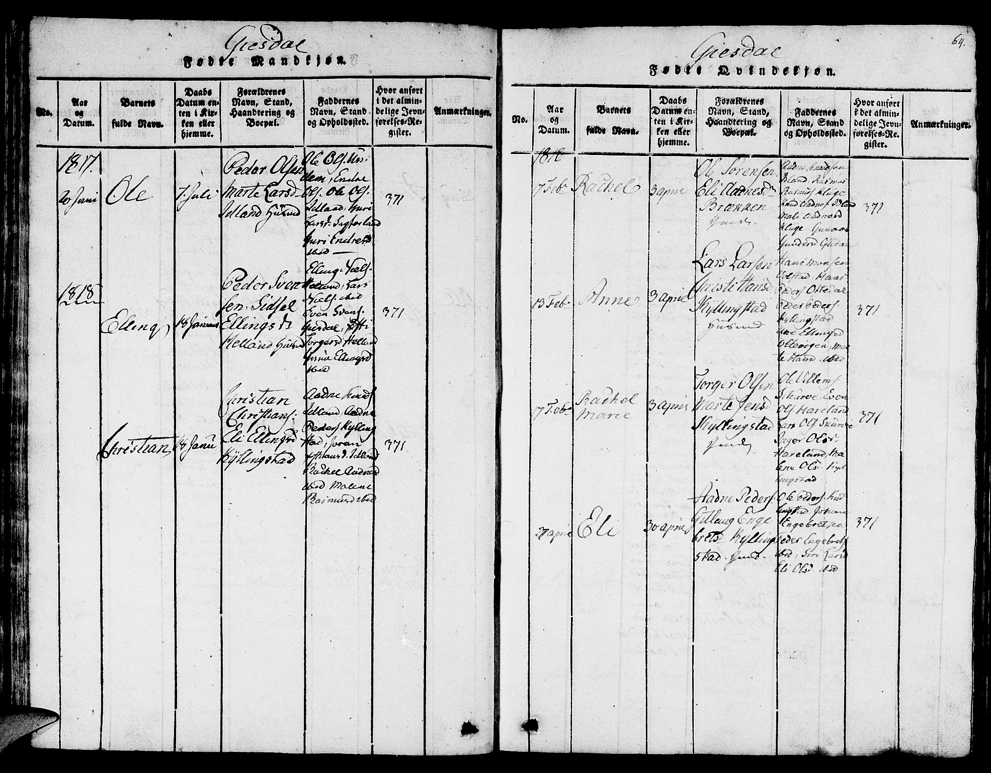 Lye sokneprestkontor, SAST/A-101794/001/30BB/L0001: Parish register (copy) no. B 1 /2, 1816-1826, p. 64