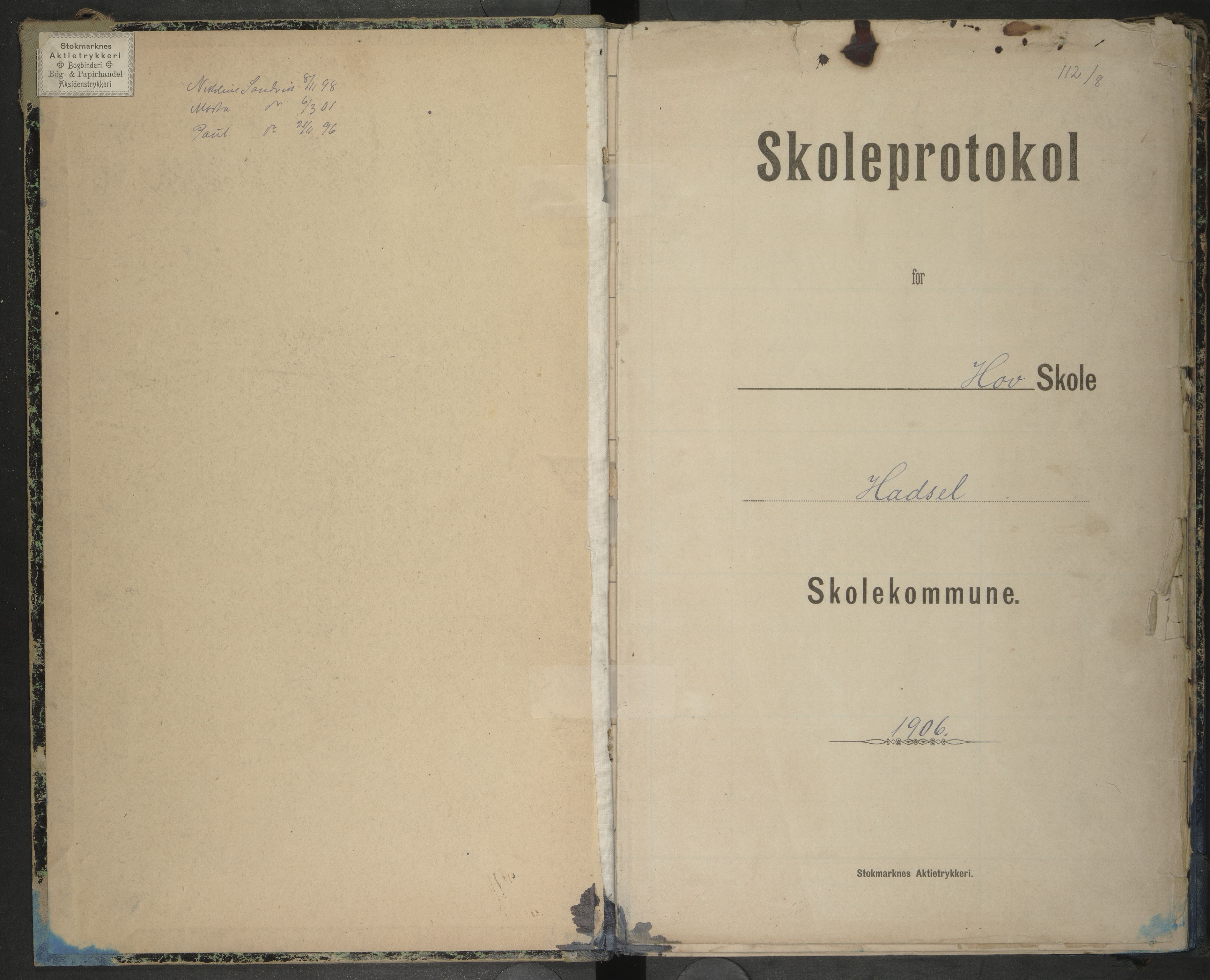 Hadsel kommune. Hov skolekrets, AIN/K-18660.510.55/G/L0003: Skoleprotokoll Hov skole, 1906-1913