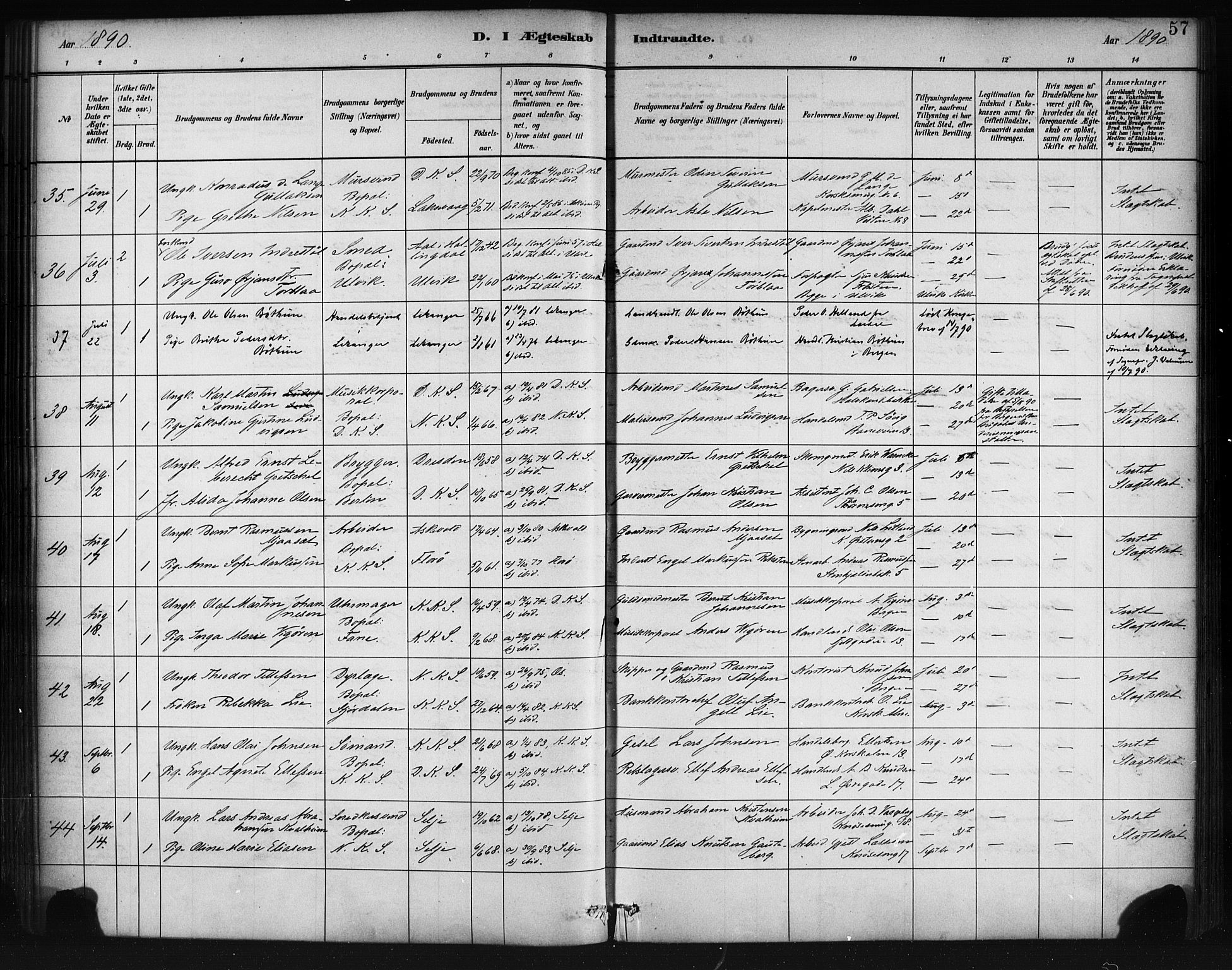 Korskirken sokneprestembete, SAB/A-76101/H/Haa/L0037: Parish register (official) no. D 4, 1883-1904, p. 57