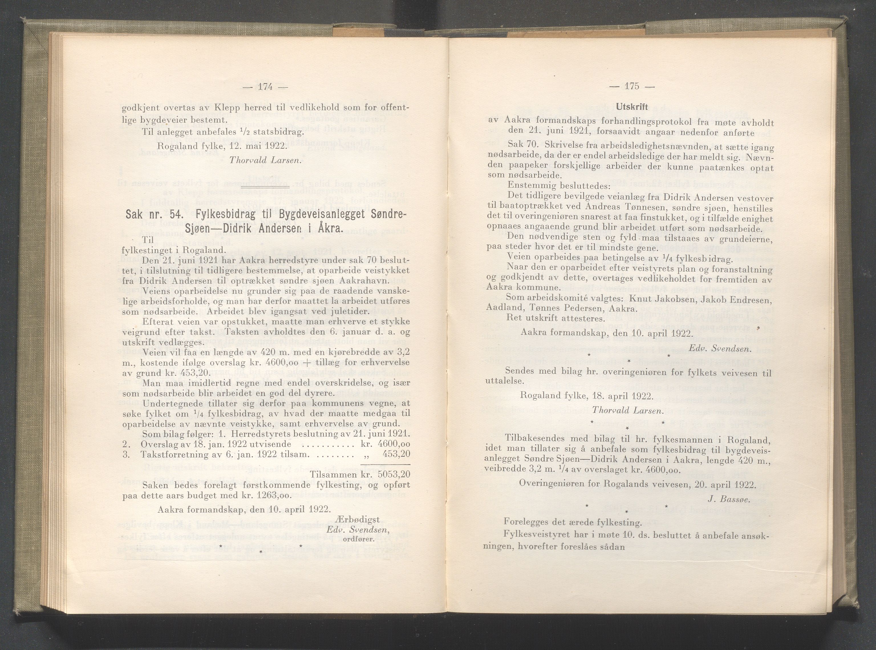 Rogaland fylkeskommune - Fylkesrådmannen , IKAR/A-900/A/Aa/Aaa/L0041: Møtebok , 1922, p. 174-175