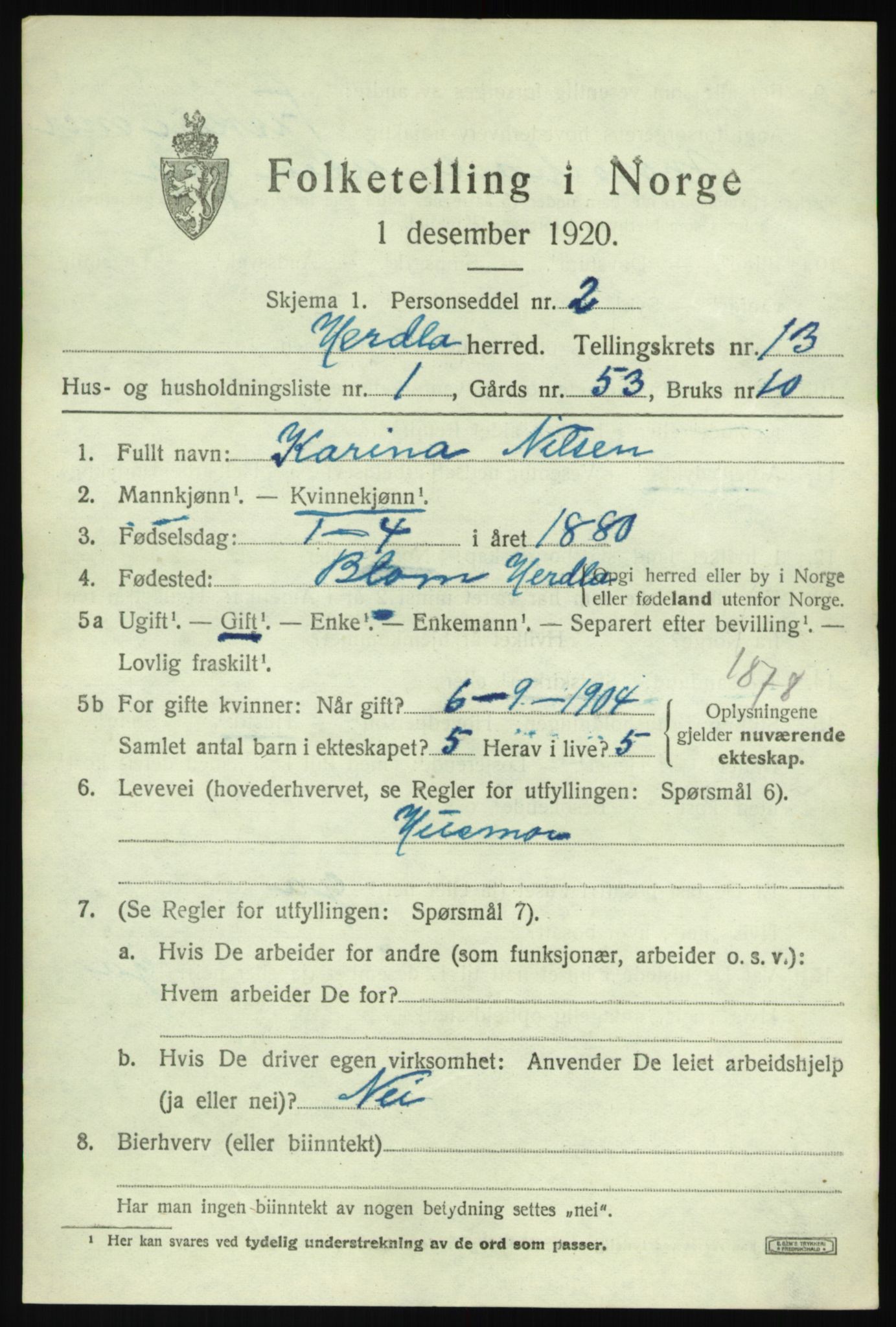 SAB, 1920 census for Herdla, 1920, p. 8957